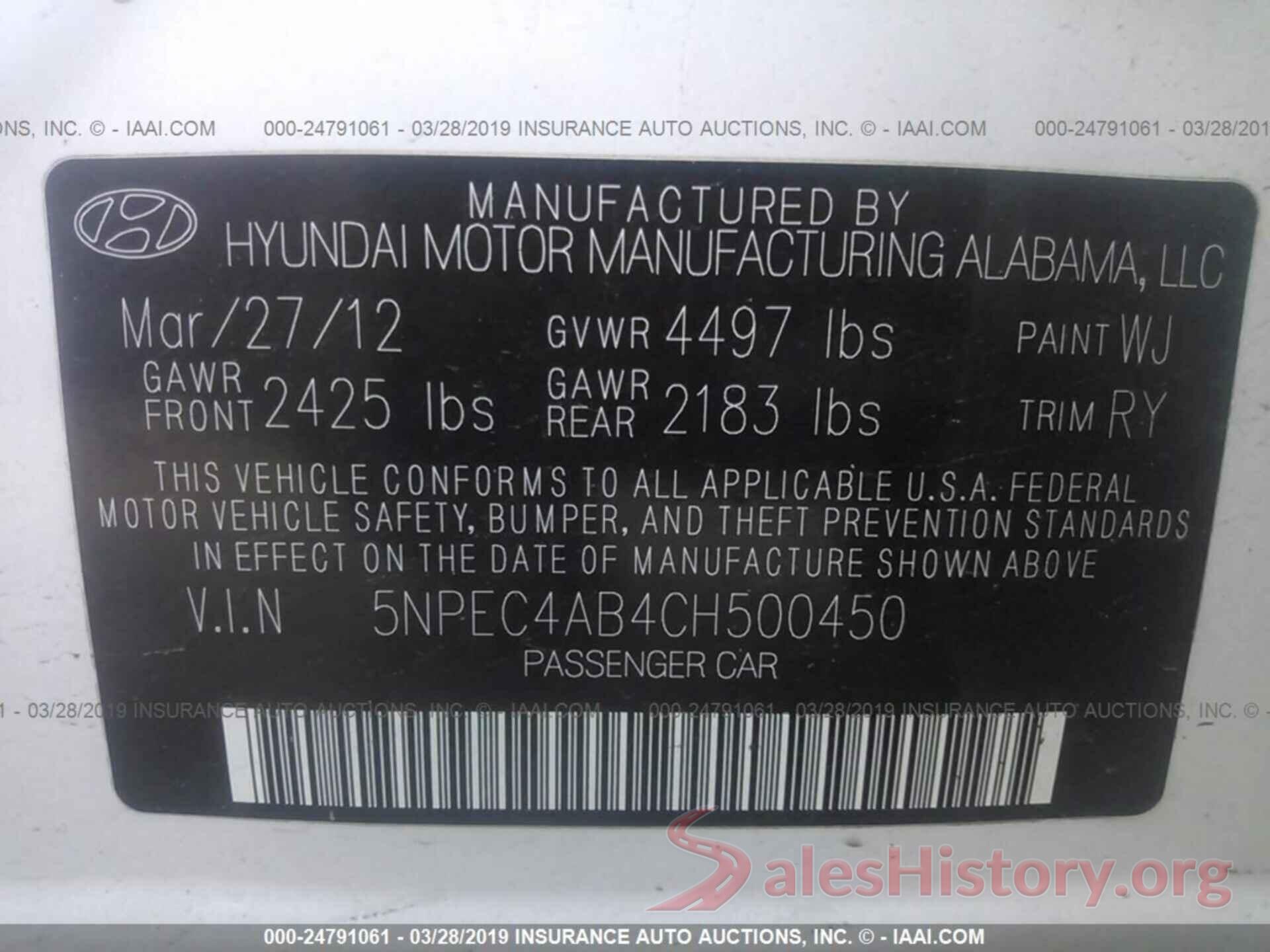 5NPEC4AB4CH500450 2012 HYUNDAI SONATA