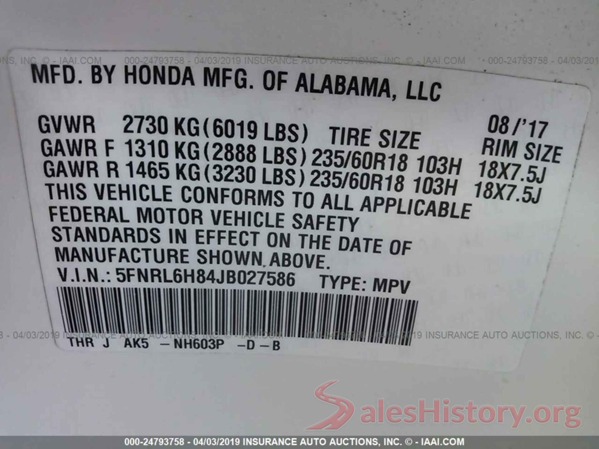 5FNRL6H84JB027586 2018 HONDA ODYSSEY