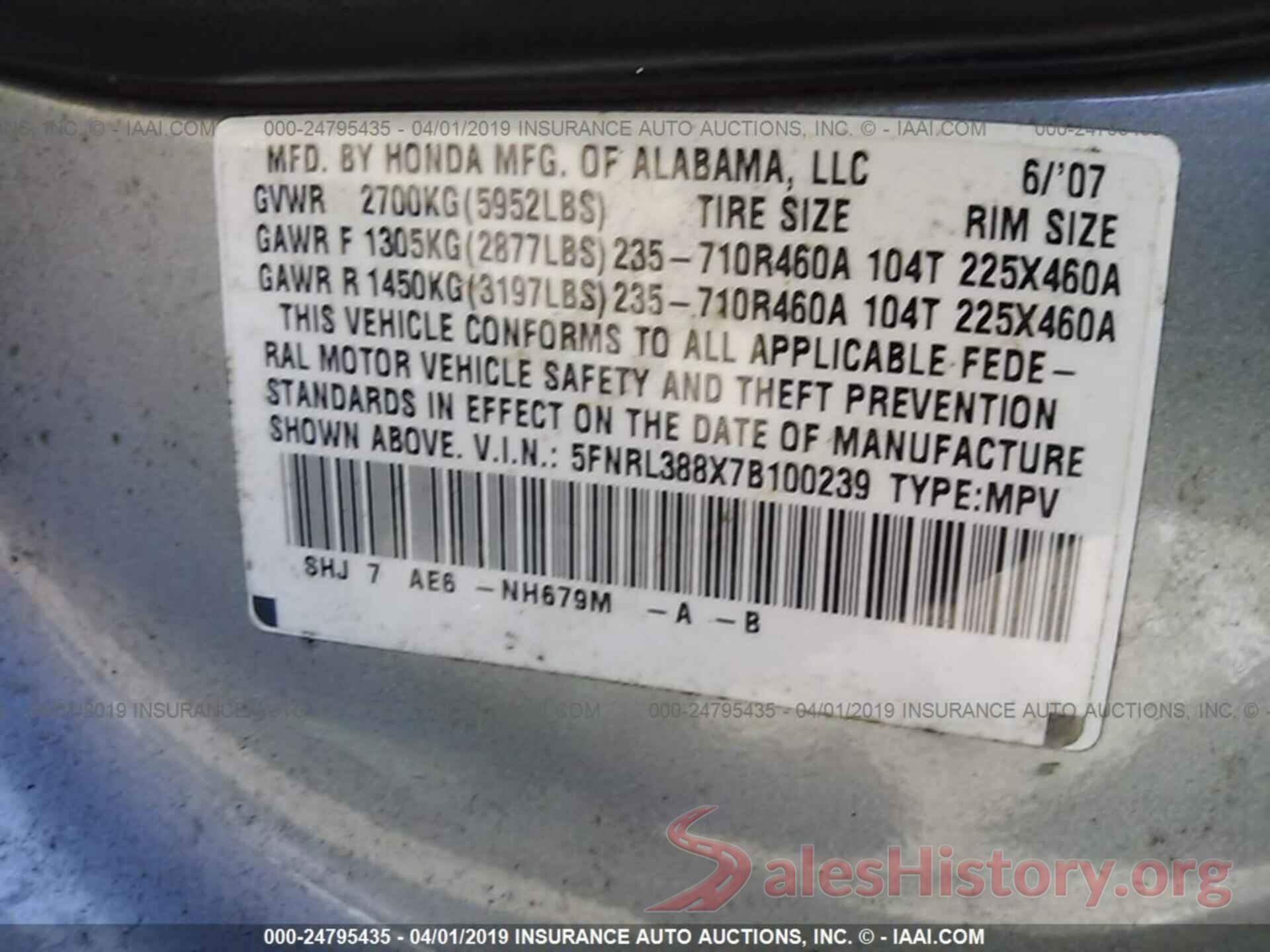 5FNRL388X7B100239 2007 HONDA ODYSSEY