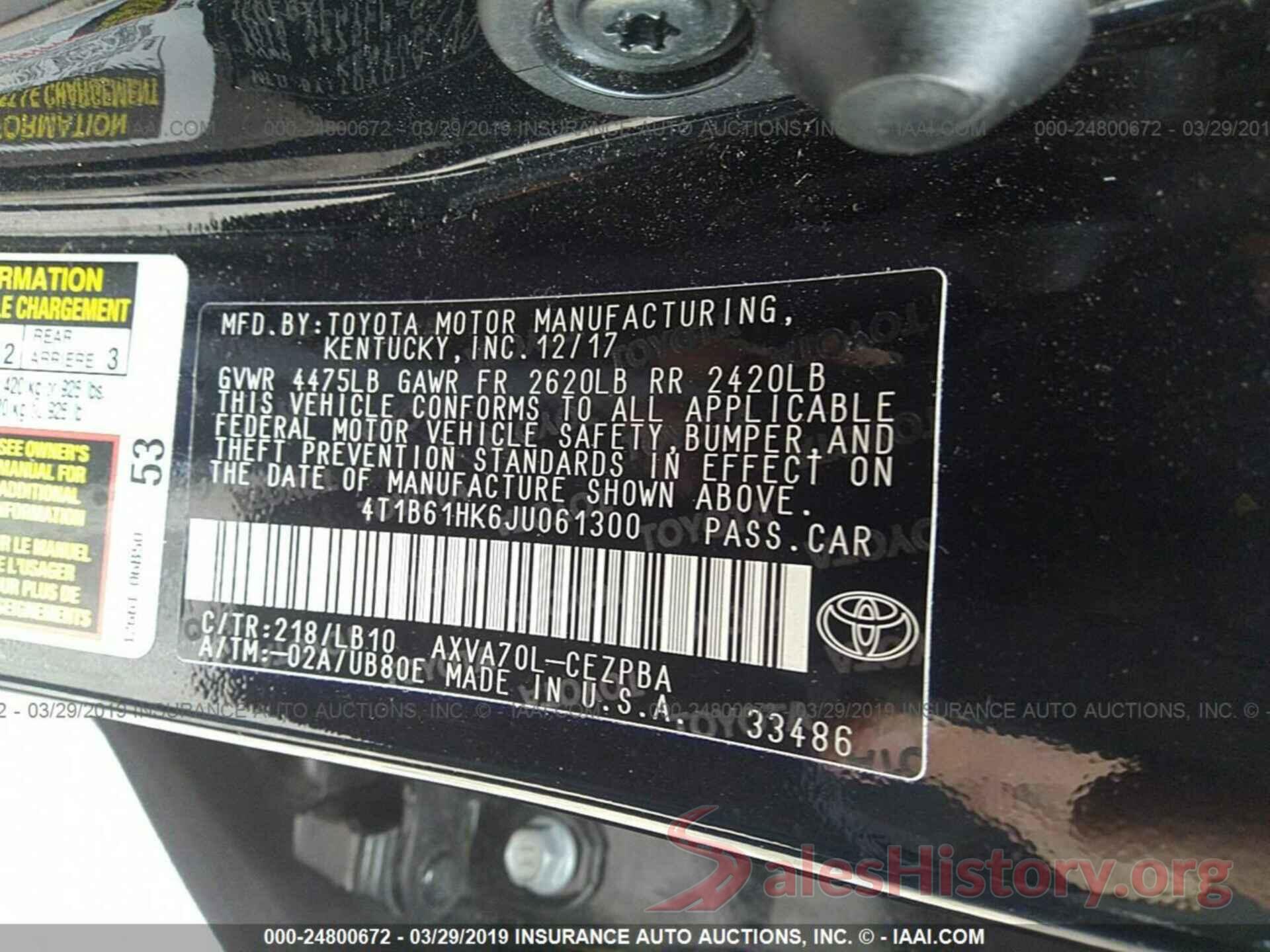 4T1B61HK6JU061300 2018 TOYOTA CAMRY