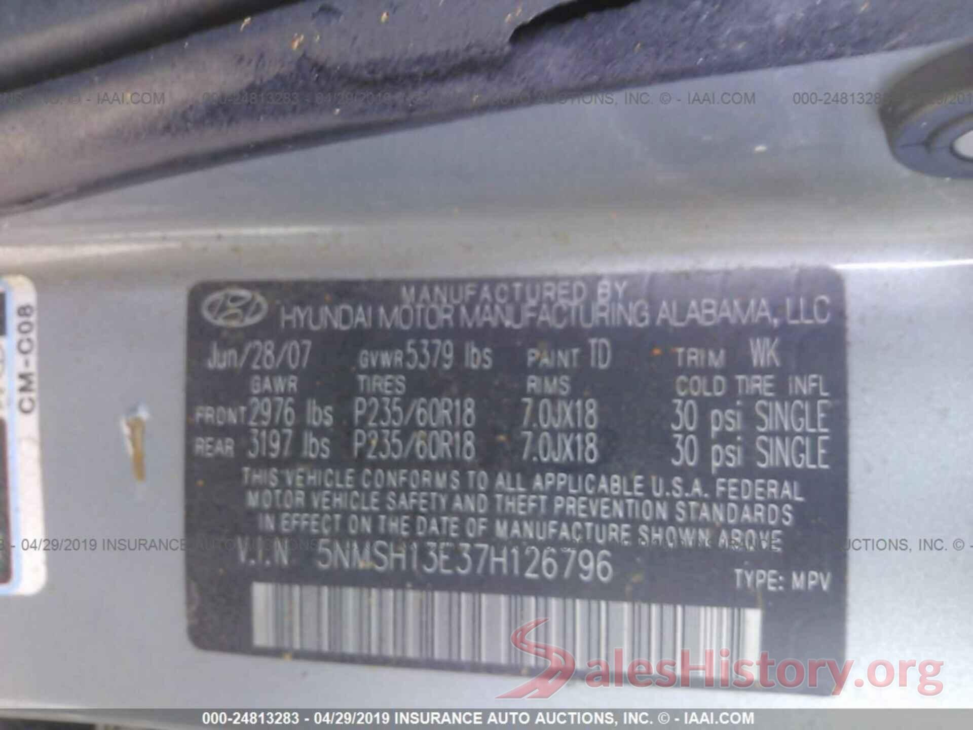 5NMSH13E37H126796 2007 HYUNDAI SANTA FE