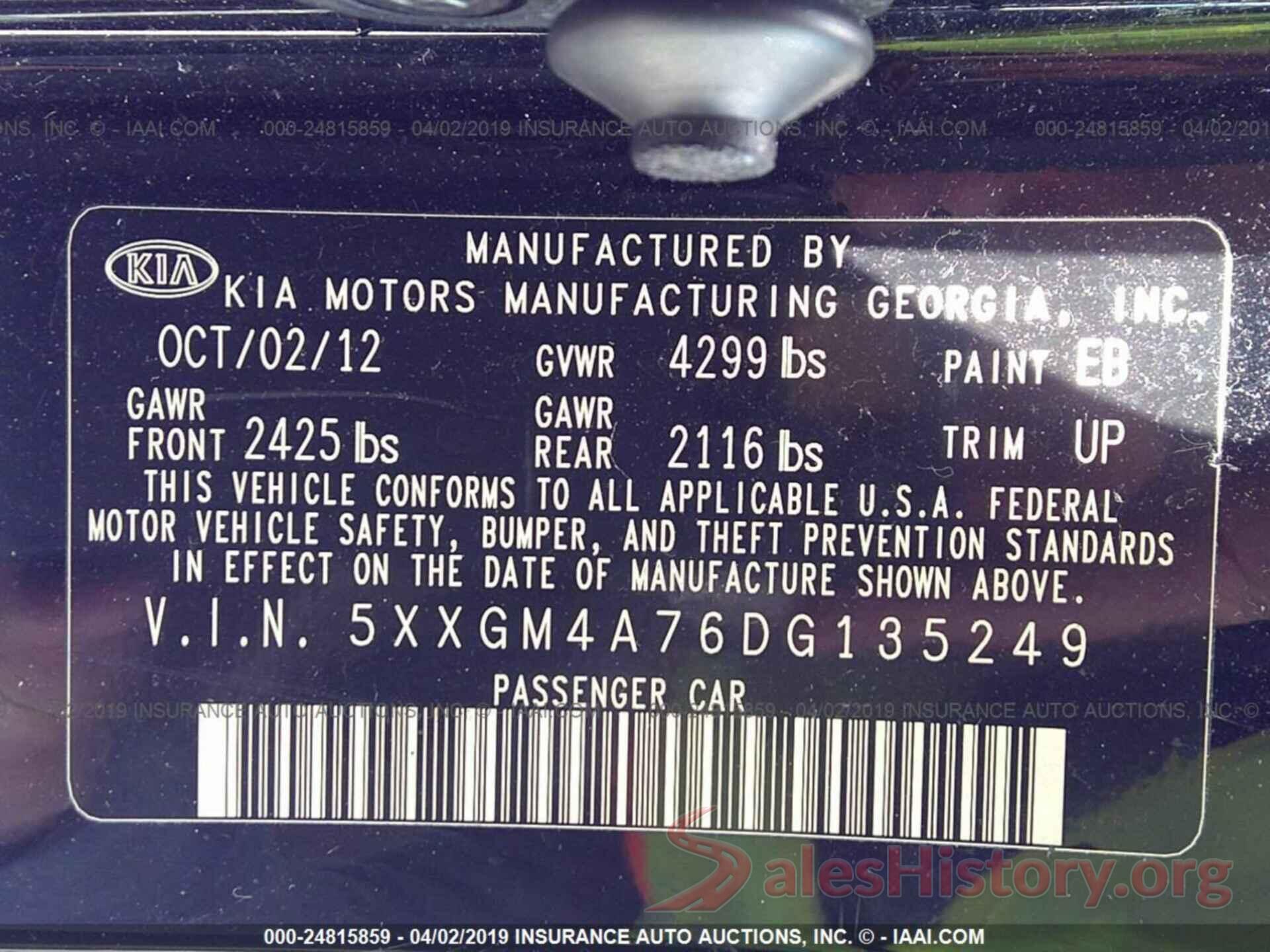 5XXGM4A76DG135249 2013 KIA OPTIMA