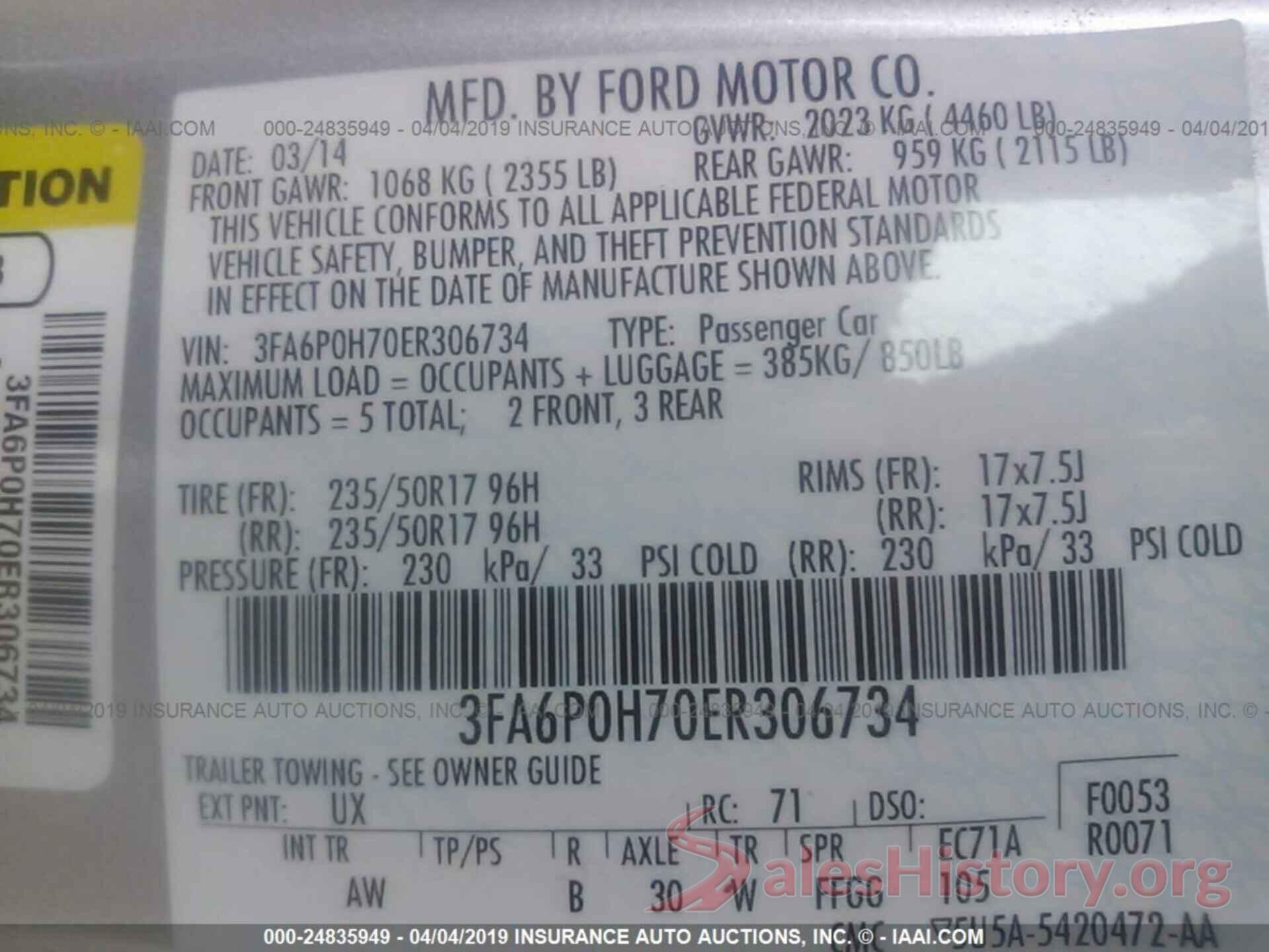 3FA6P0H70ER306734 2014 FORD FUSION