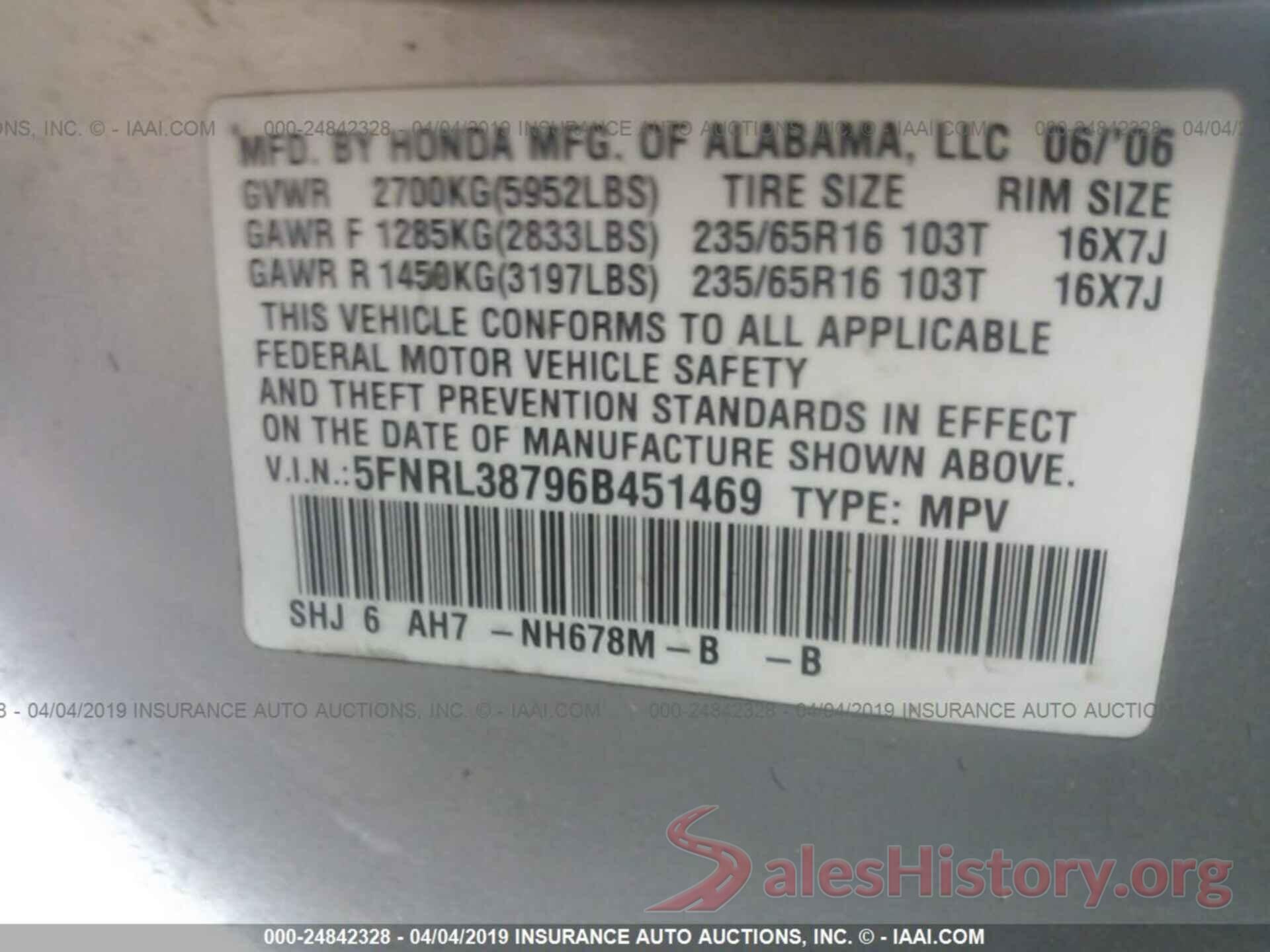 5FNRL38796B451469 2006 HONDA ODYSSEY