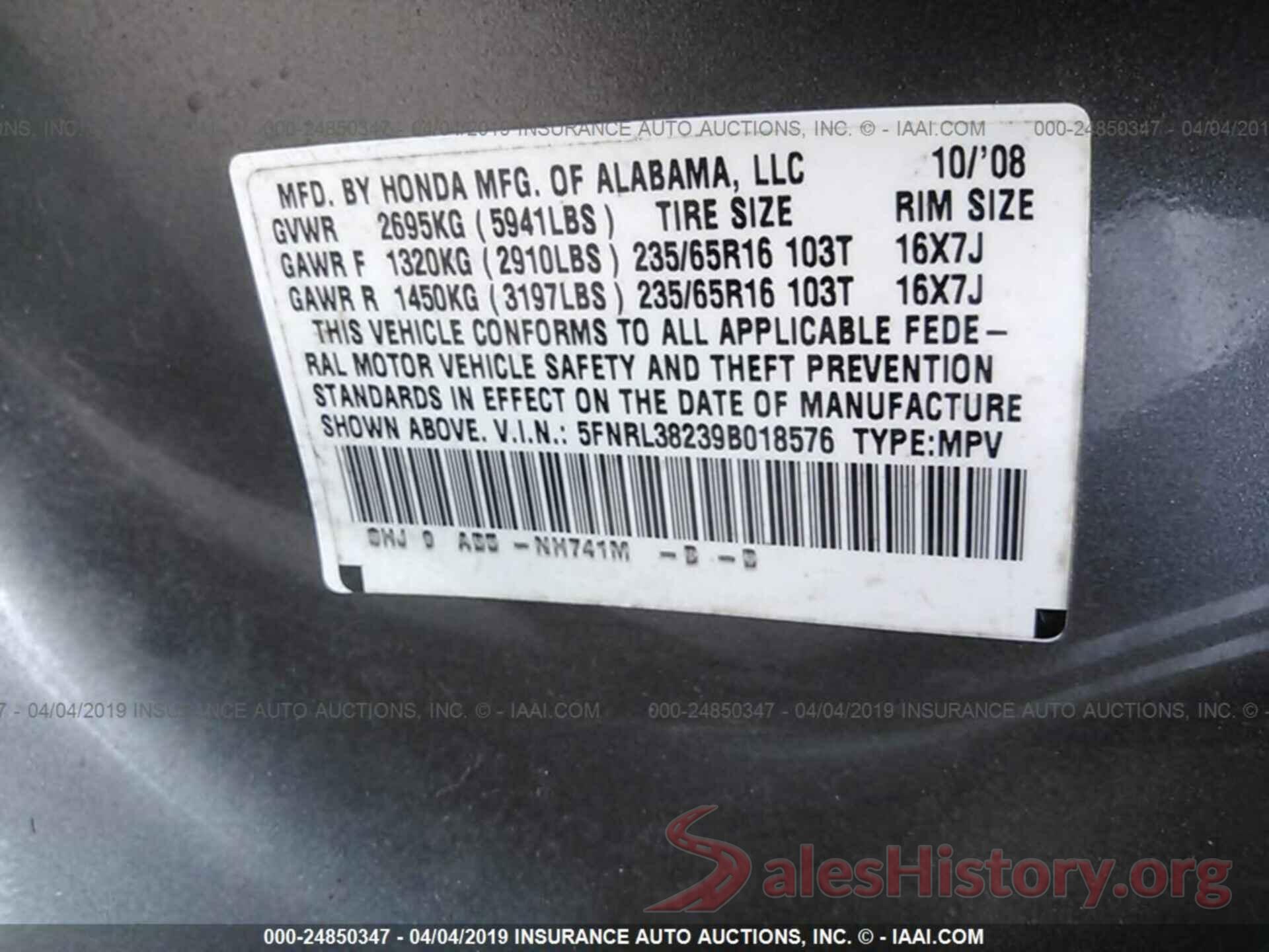 5FNRL38239B018576 2009 HONDA ODYSSEY