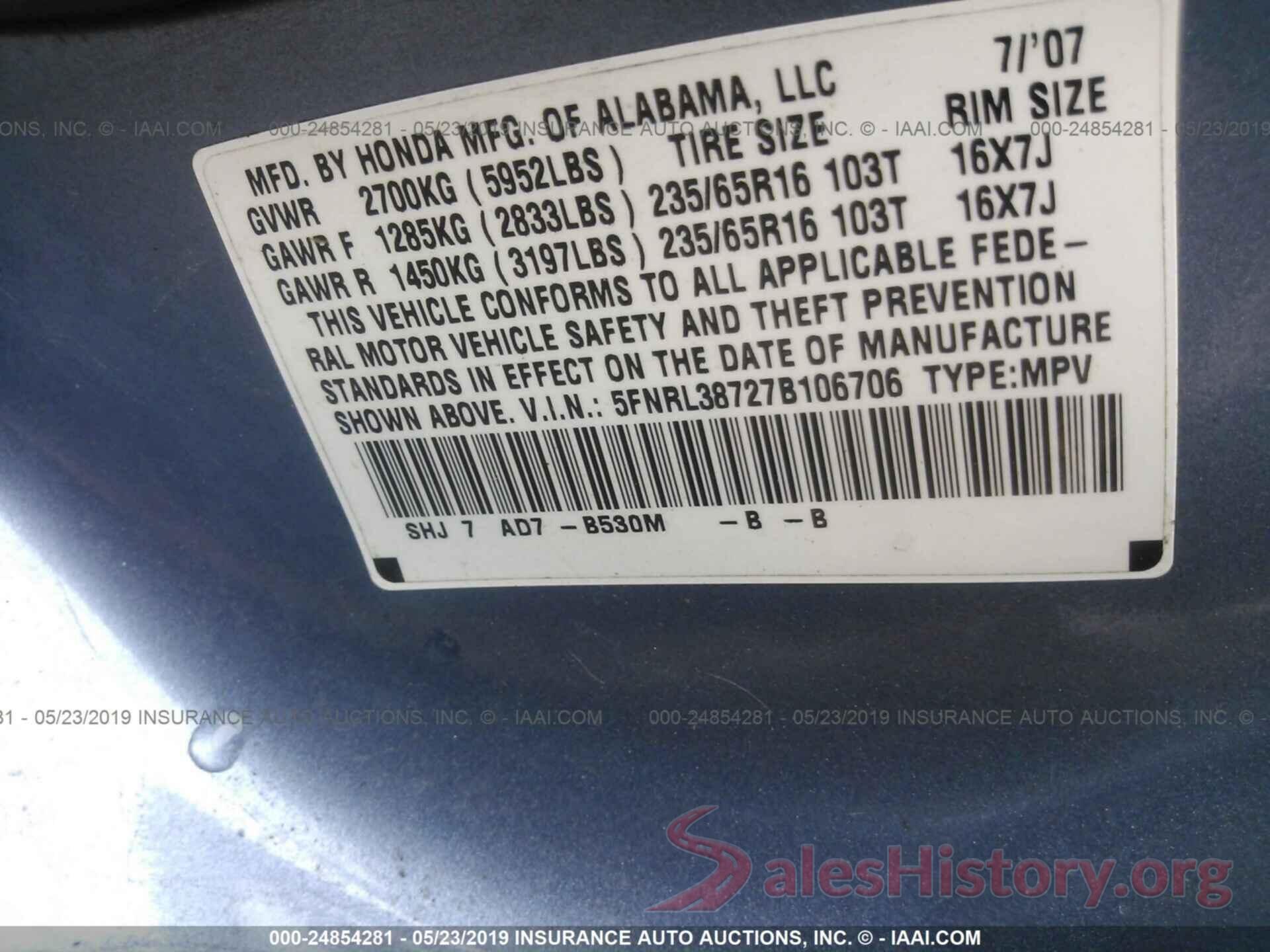 5FNRL38727B106706 2007 HONDA ODYSSEY