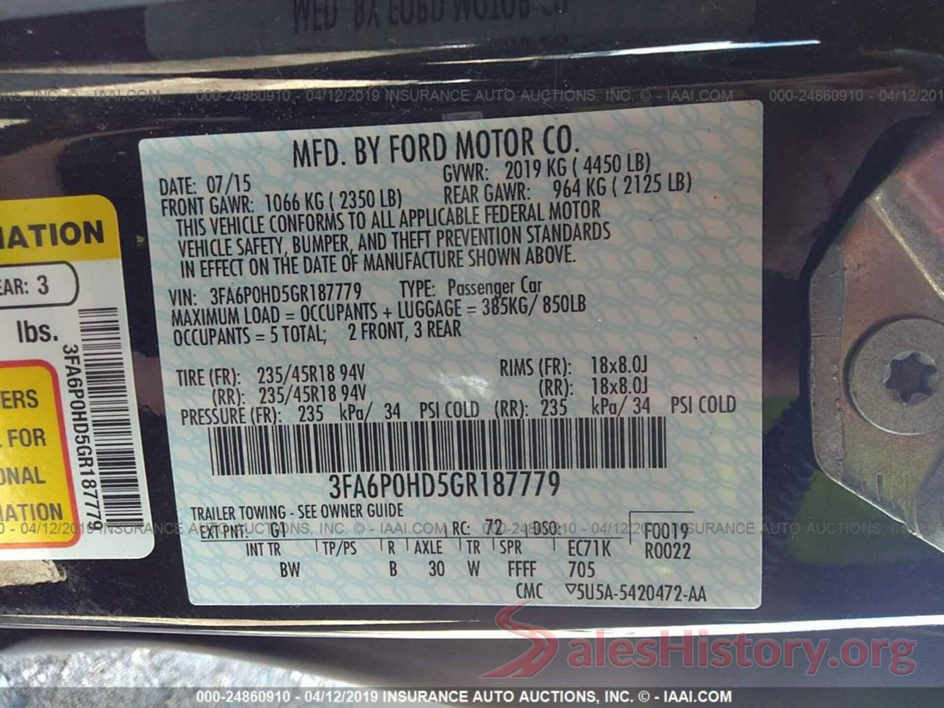 3FA6P0HD5GR187779 2016 FORD FUSION