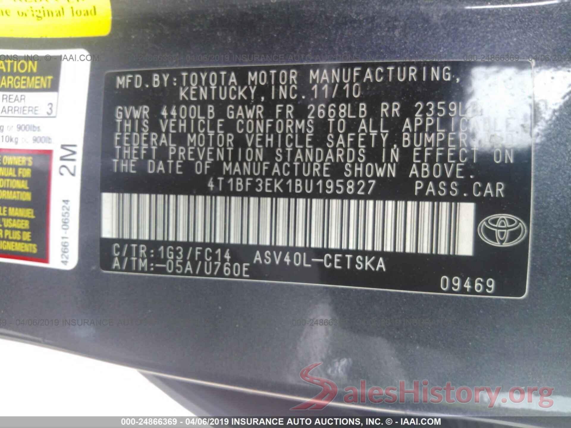 4T1BF3EK1BU195827 2011 TOYOTA CAMRY