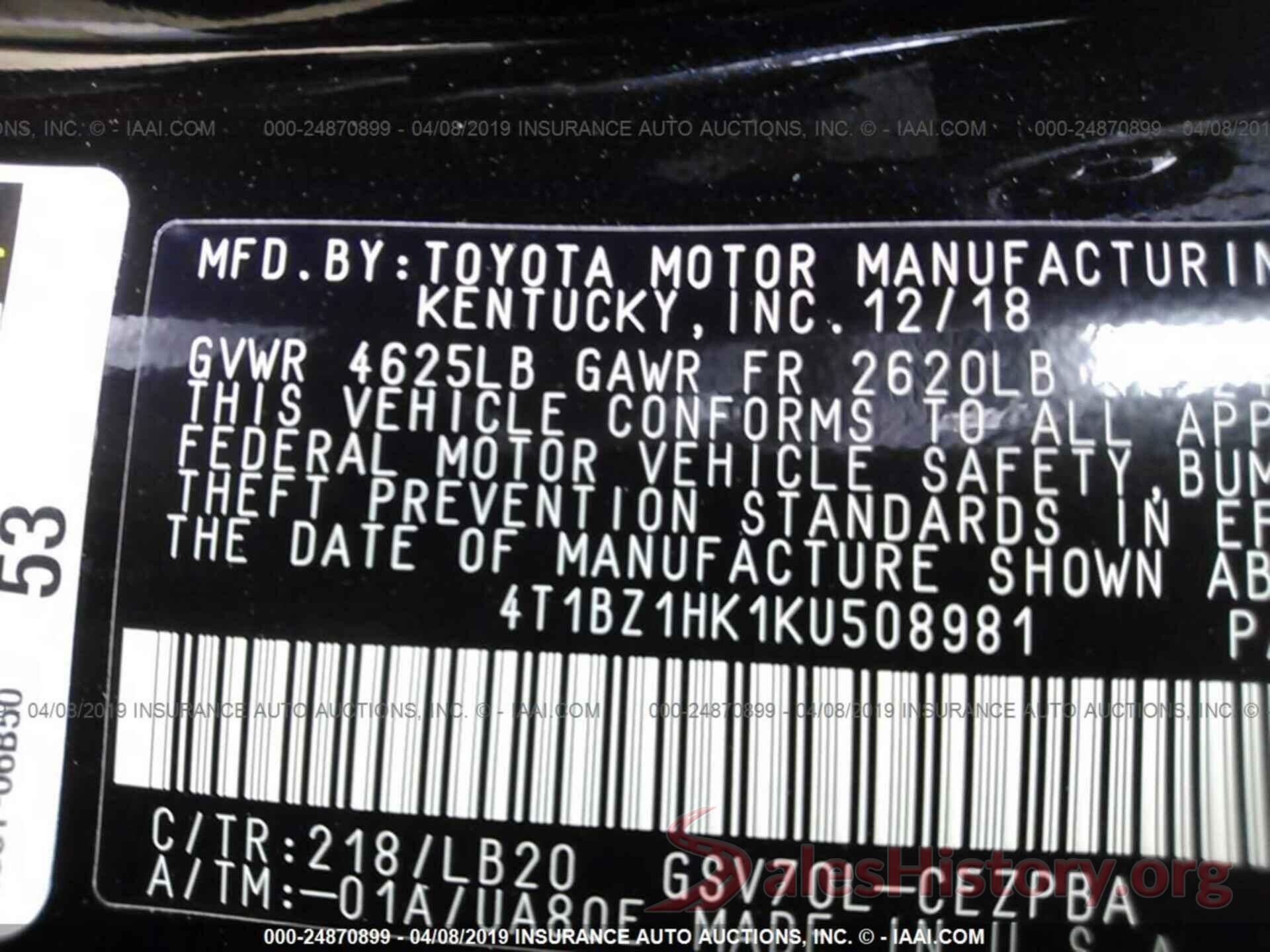 4T1BZ1HK1KU508981 2019 TOYOTA CAMRY