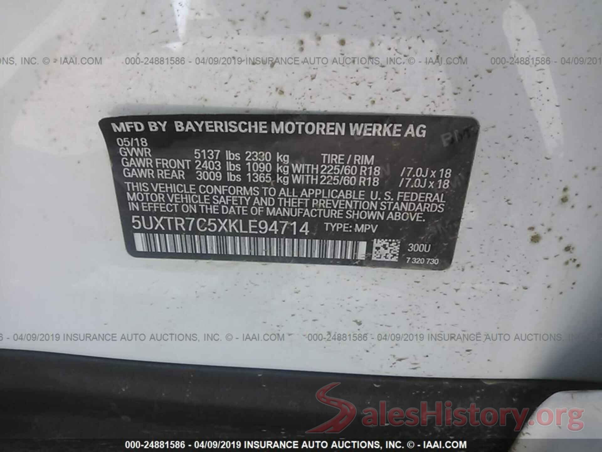 5UXTR7C5XKLE94714 2019 BMW X3