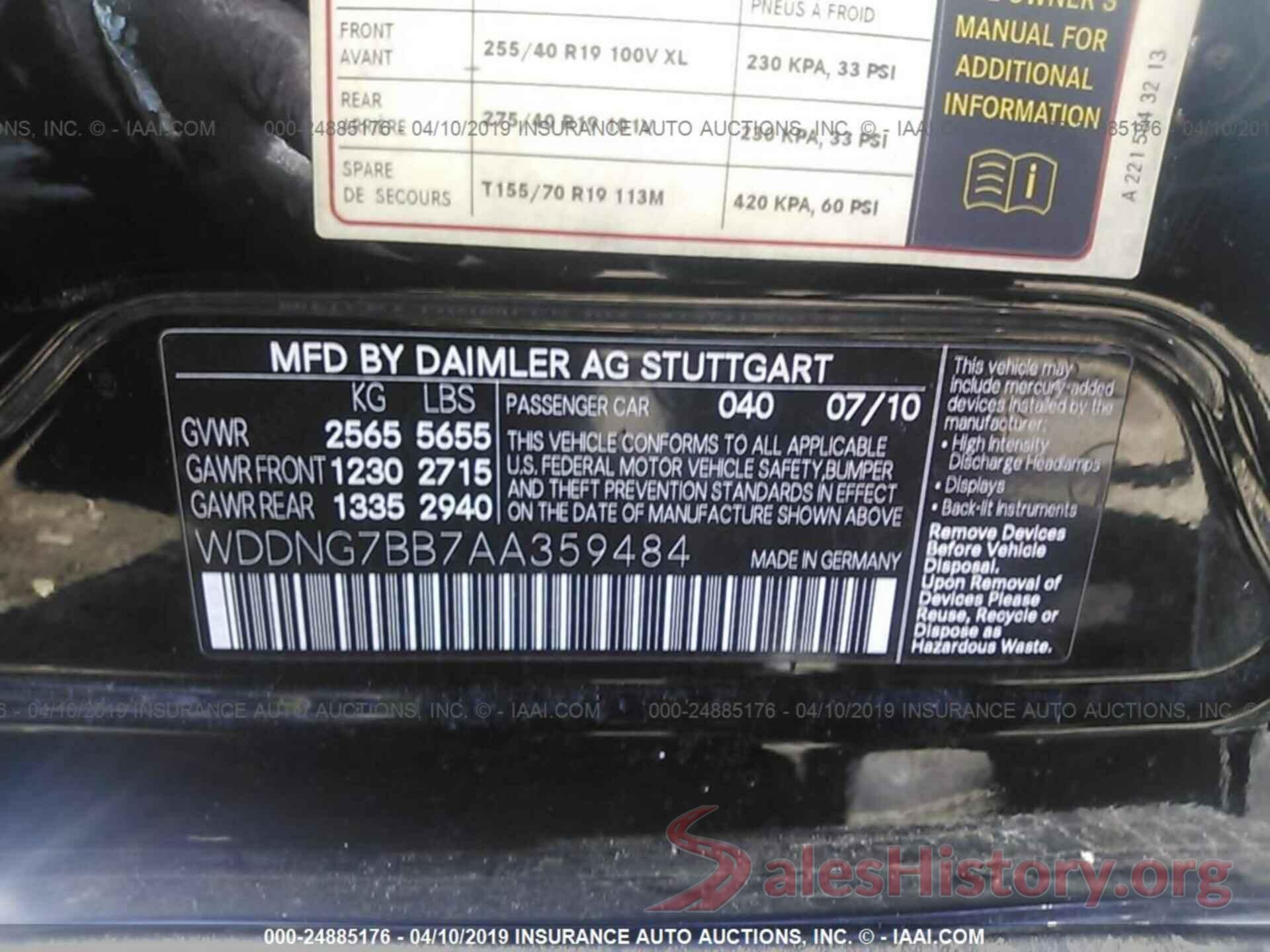 WDDNG7BB7AA359484 2010 MERCEDES-BENZ S