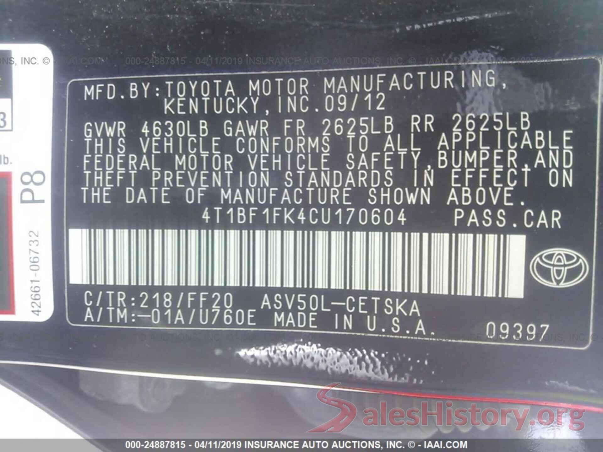 4T1BF1FK4CU170604 2012 TOYOTA CAMRY