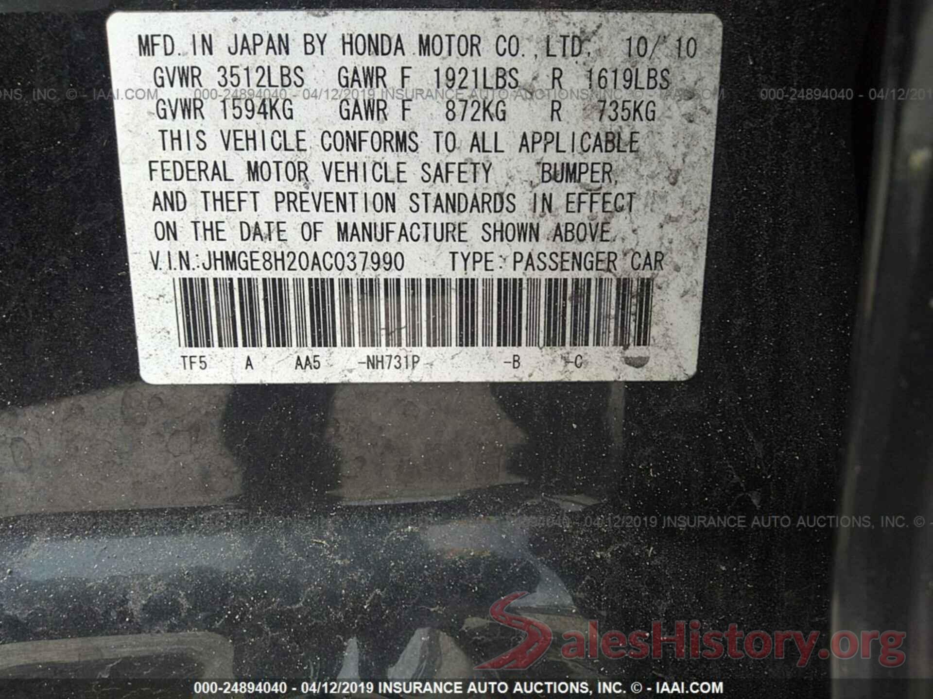 JHMGE8H20AC037990 2010 HONDA FIT