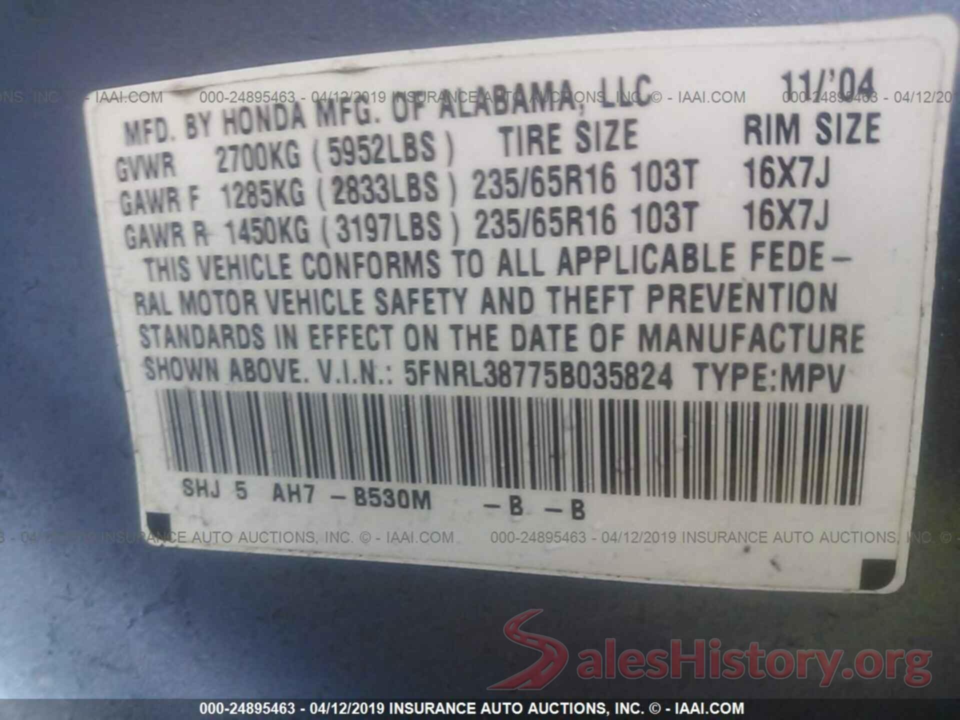 5FNRL38775B035824 2005 HONDA ODYSSEY