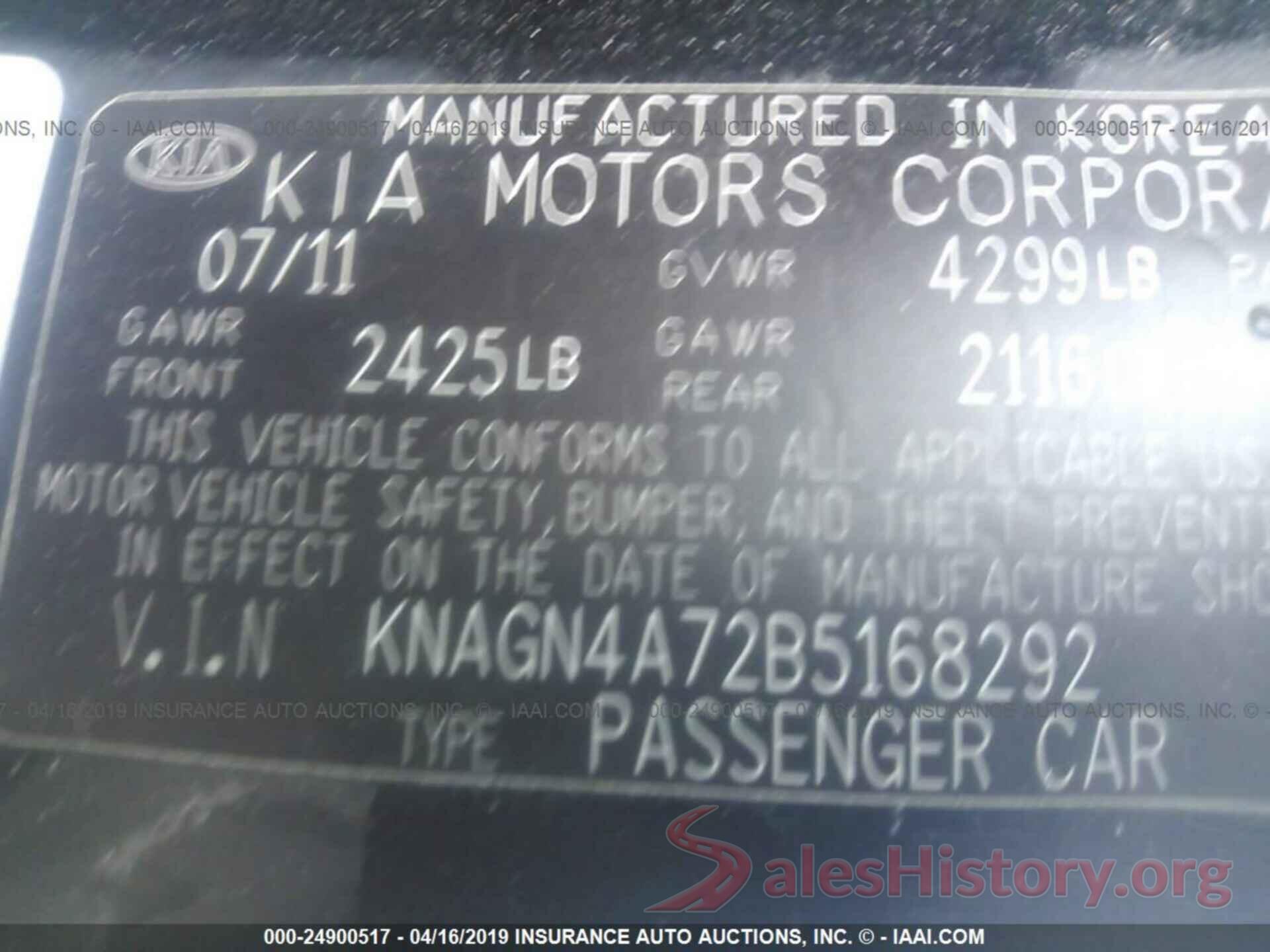 KNAGN4A72B5168292 2011 KIA OPTIMA