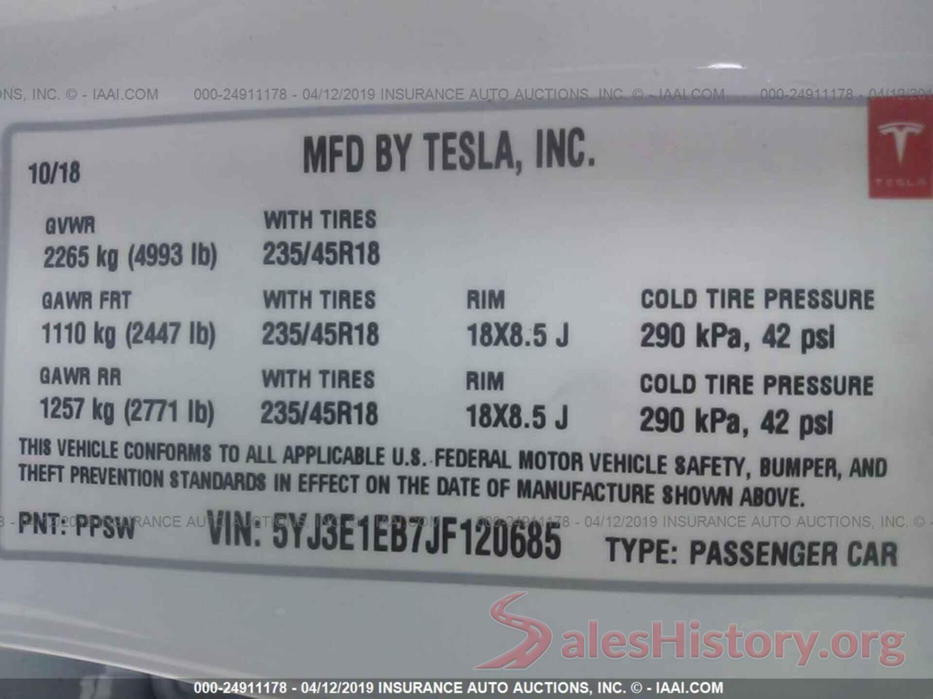 5YJ3E1EB7JF120685 2018 TESLA MODEL 3