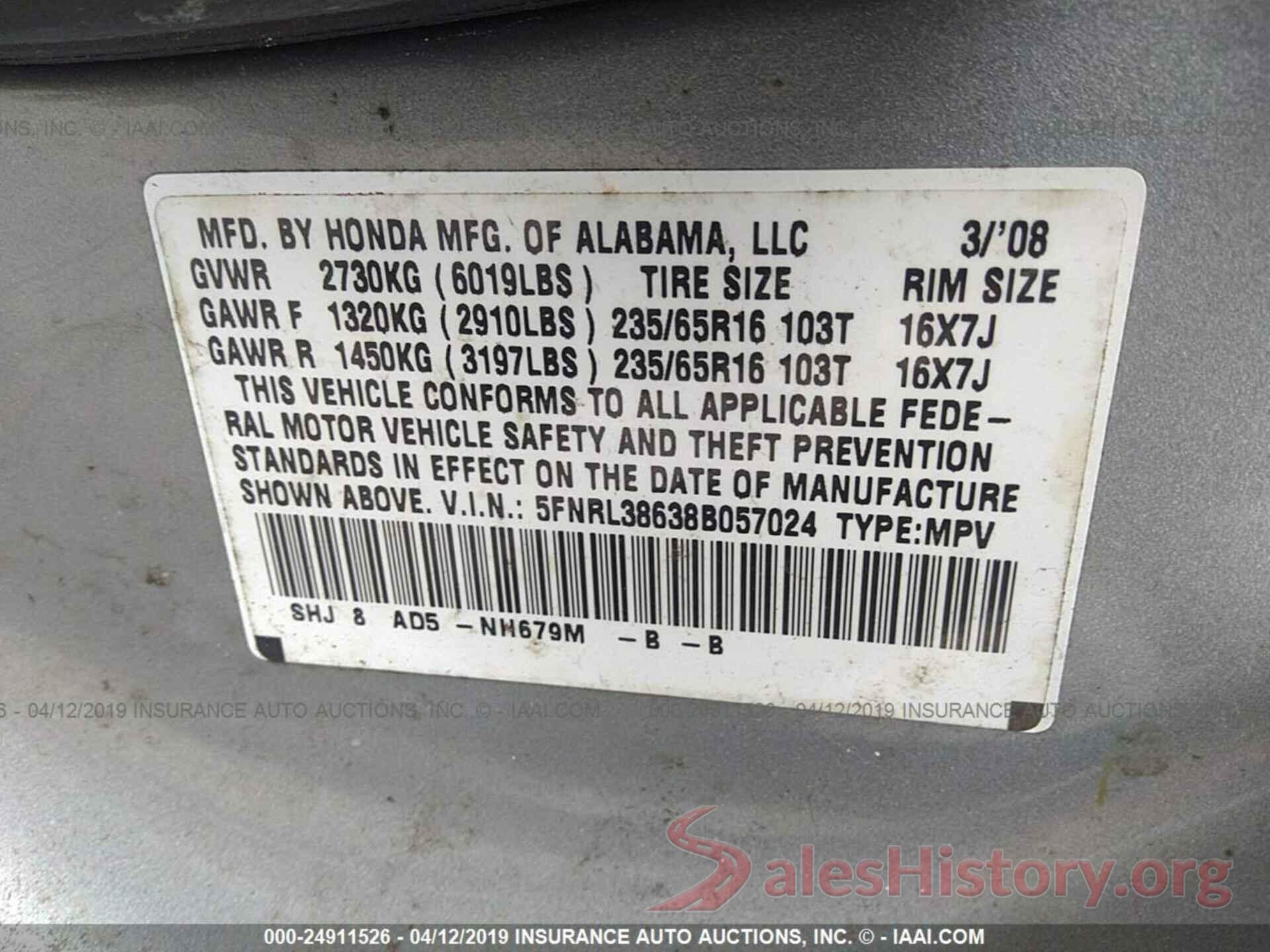 5FNRL38638B057024 2008 HONDA ODYSSEY