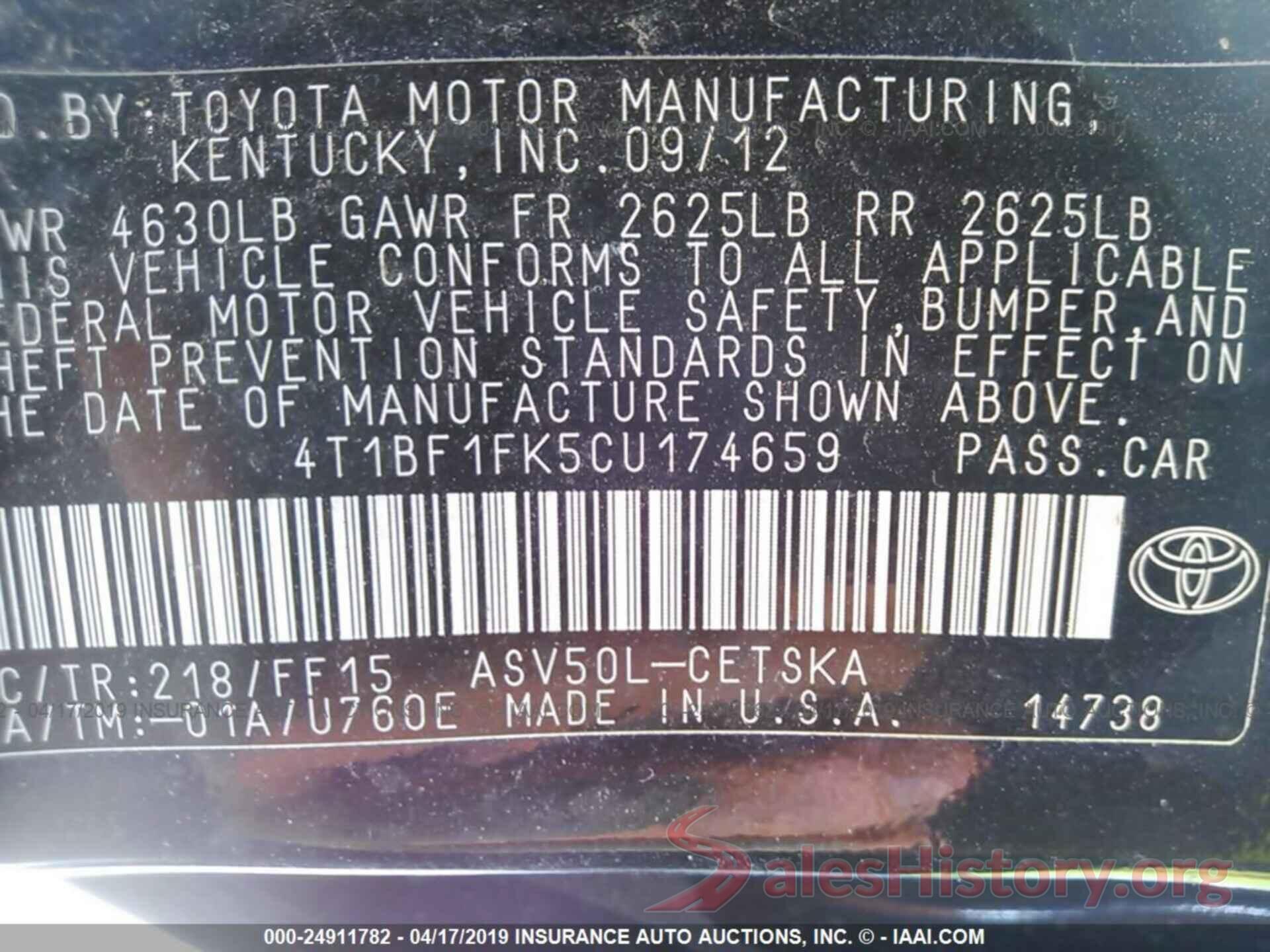 4T1BF1FK5CU174659 2012 TOYOTA CAMRY