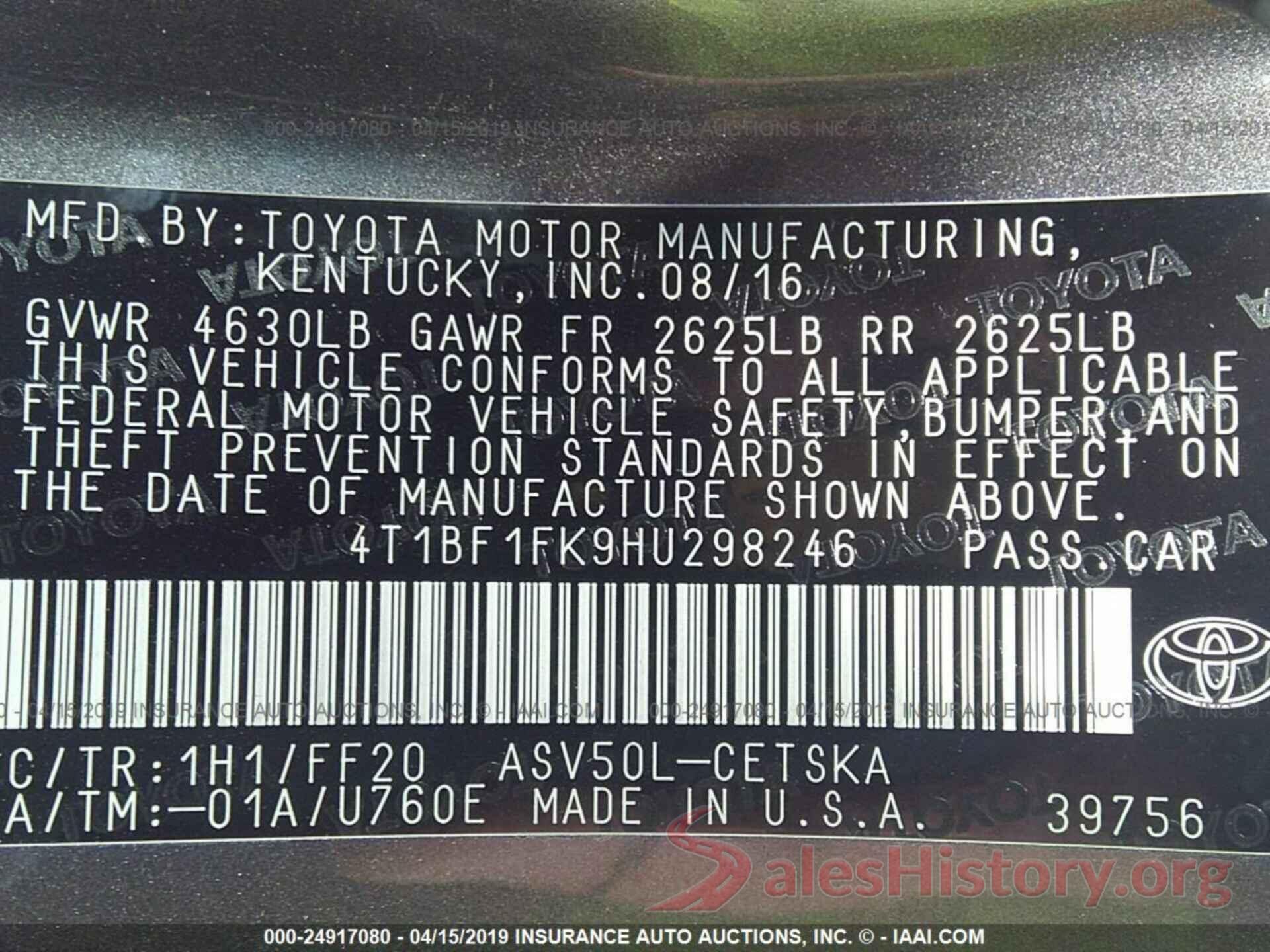 4T1BF1FK9HU298246 2017 TOYOTA CAMRY