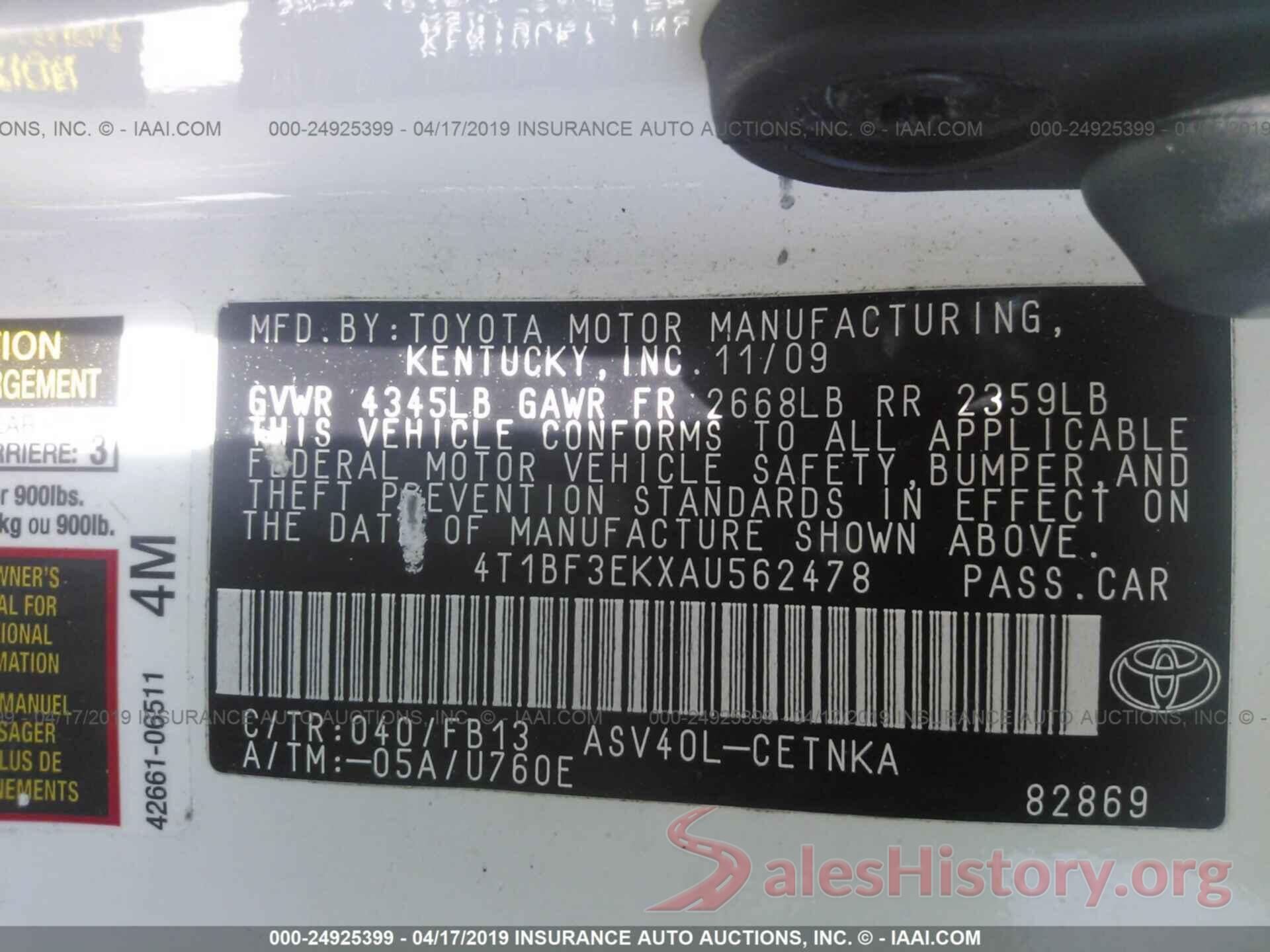 4T1BF3EKXAU562478 2010 TOYOTA CAMRY