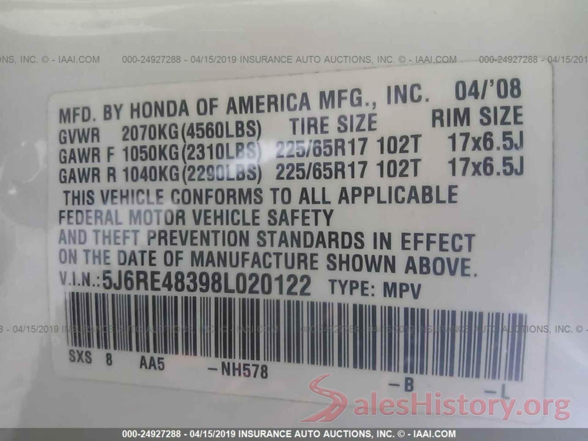 5J6RE48398L020122 2008 HONDA CR-V