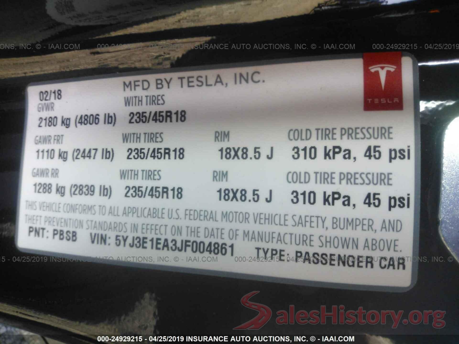 5YJ3E1EA3JF004861 2018 TESLA MODEL 3