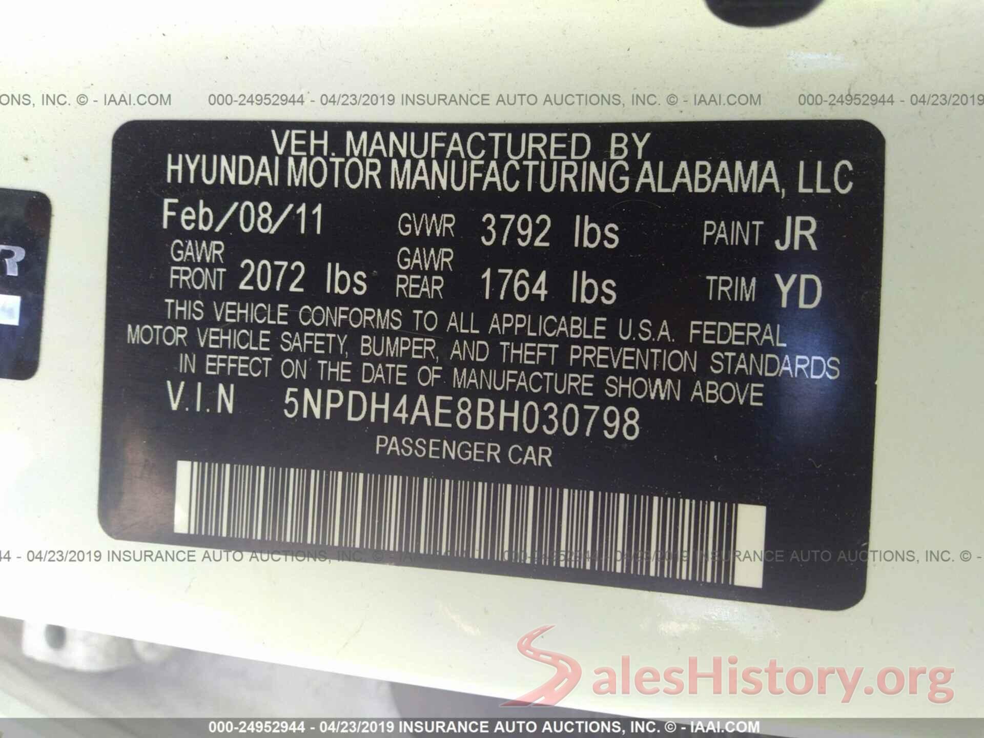 5NPDH4AE8BH030798 2011 HYUNDAI ELANTRA