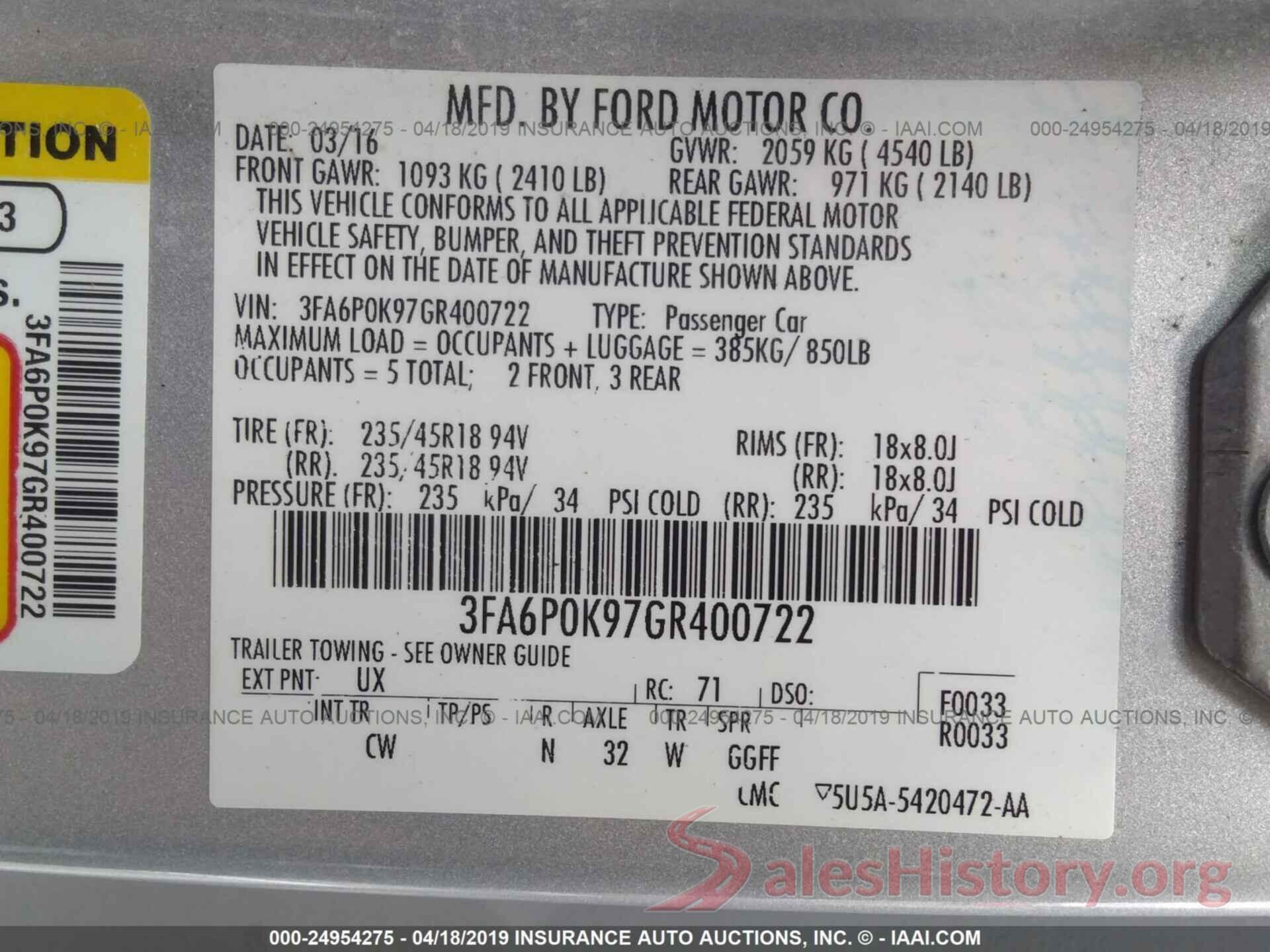 3FA6P0K97GR400722 2016 FORD FUSION