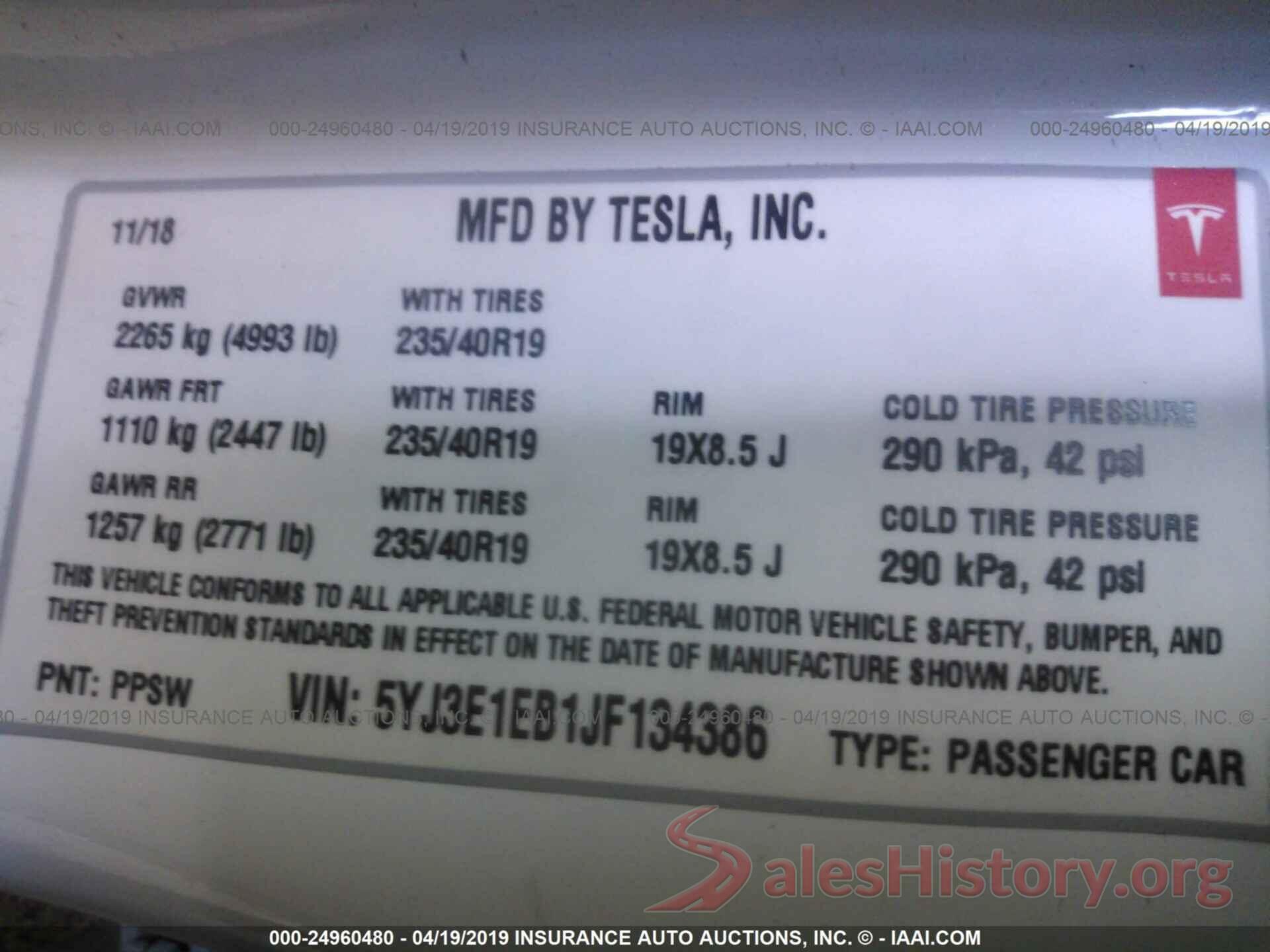 5YJ3E1EB1JF134386 2018 TESLA MODEL 3