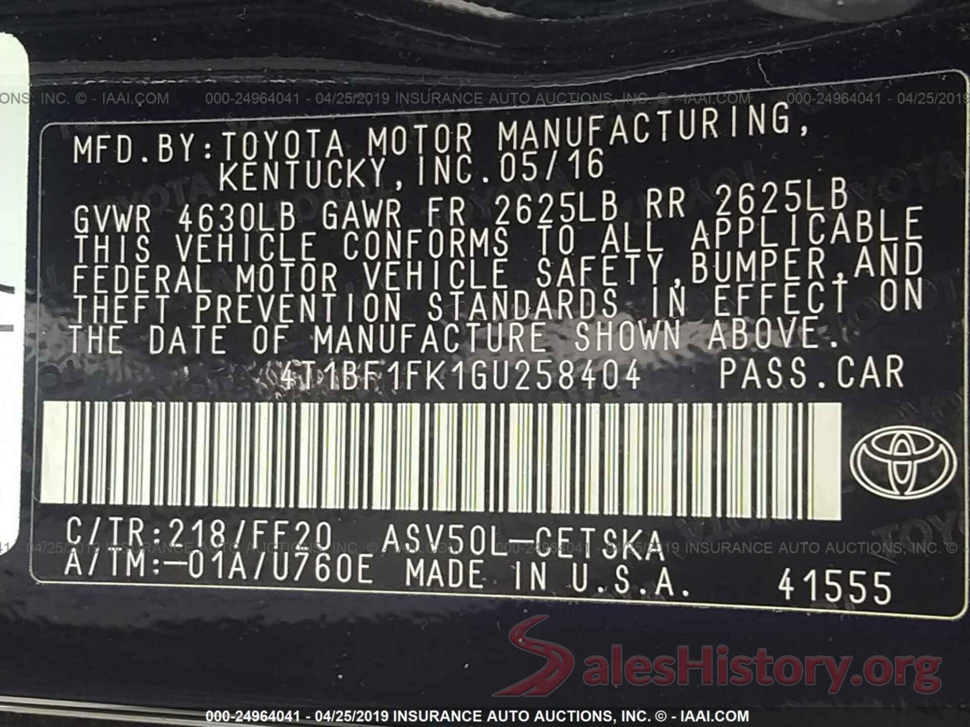 4T1BF1FK1GU258404 2016 TOYOTA CAMRY