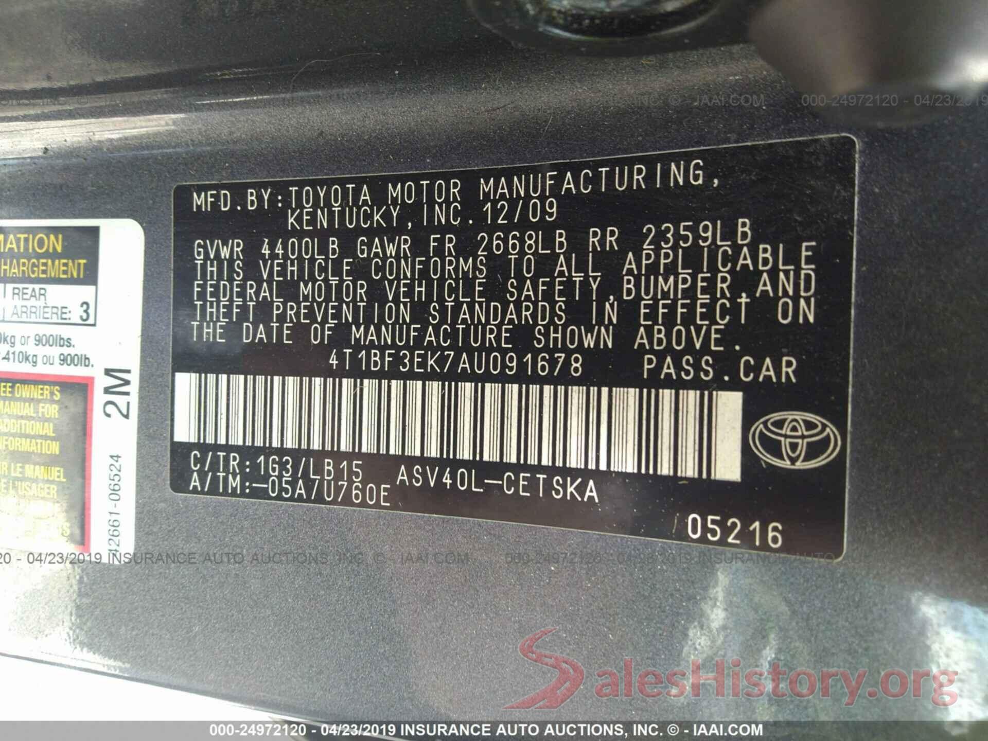 4T1BF3EK7AU091678 2010 TOYOTA CAMRY