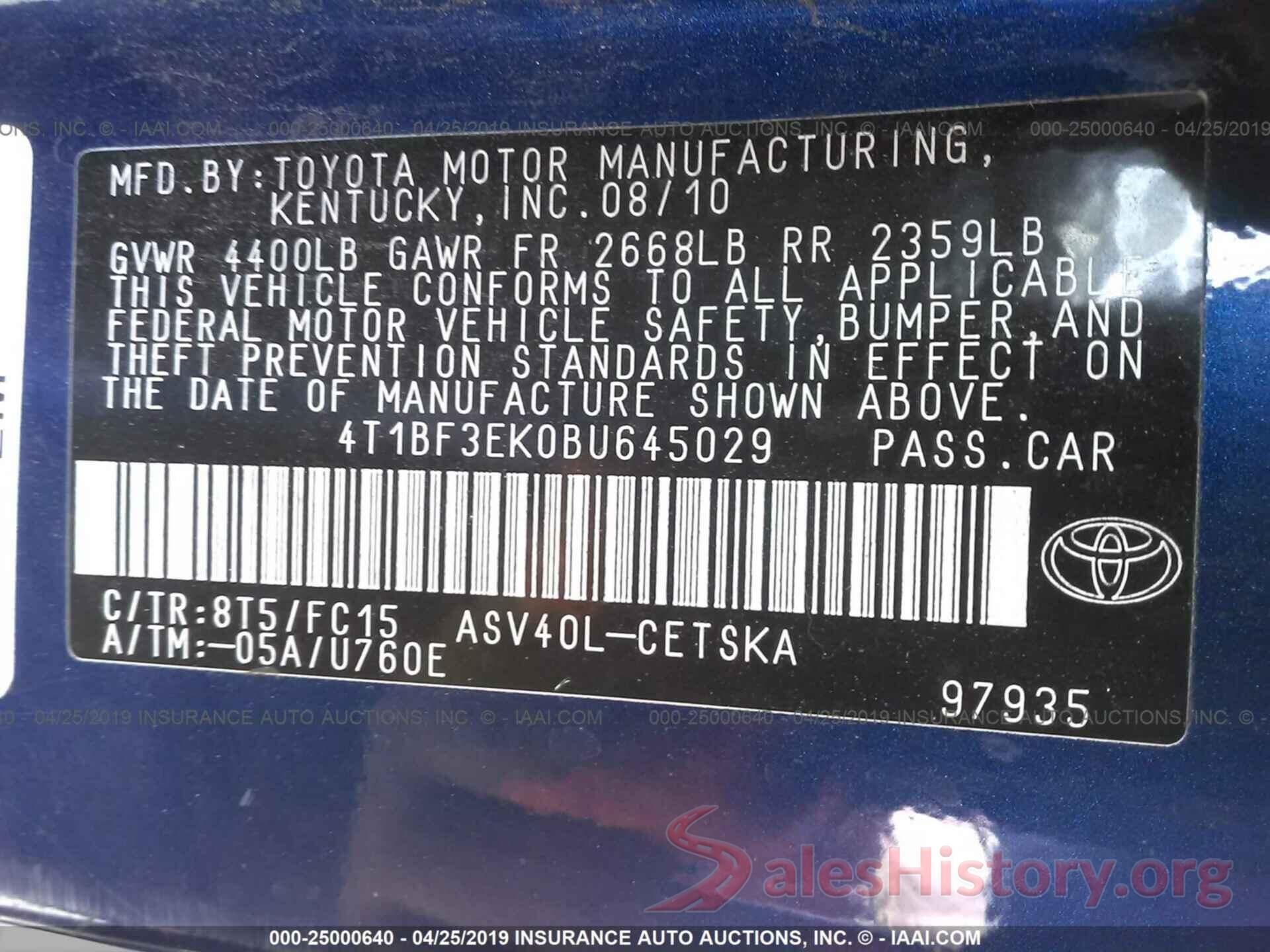 4T1BF3EK0BU645029 2011 TOYOTA CAMRY