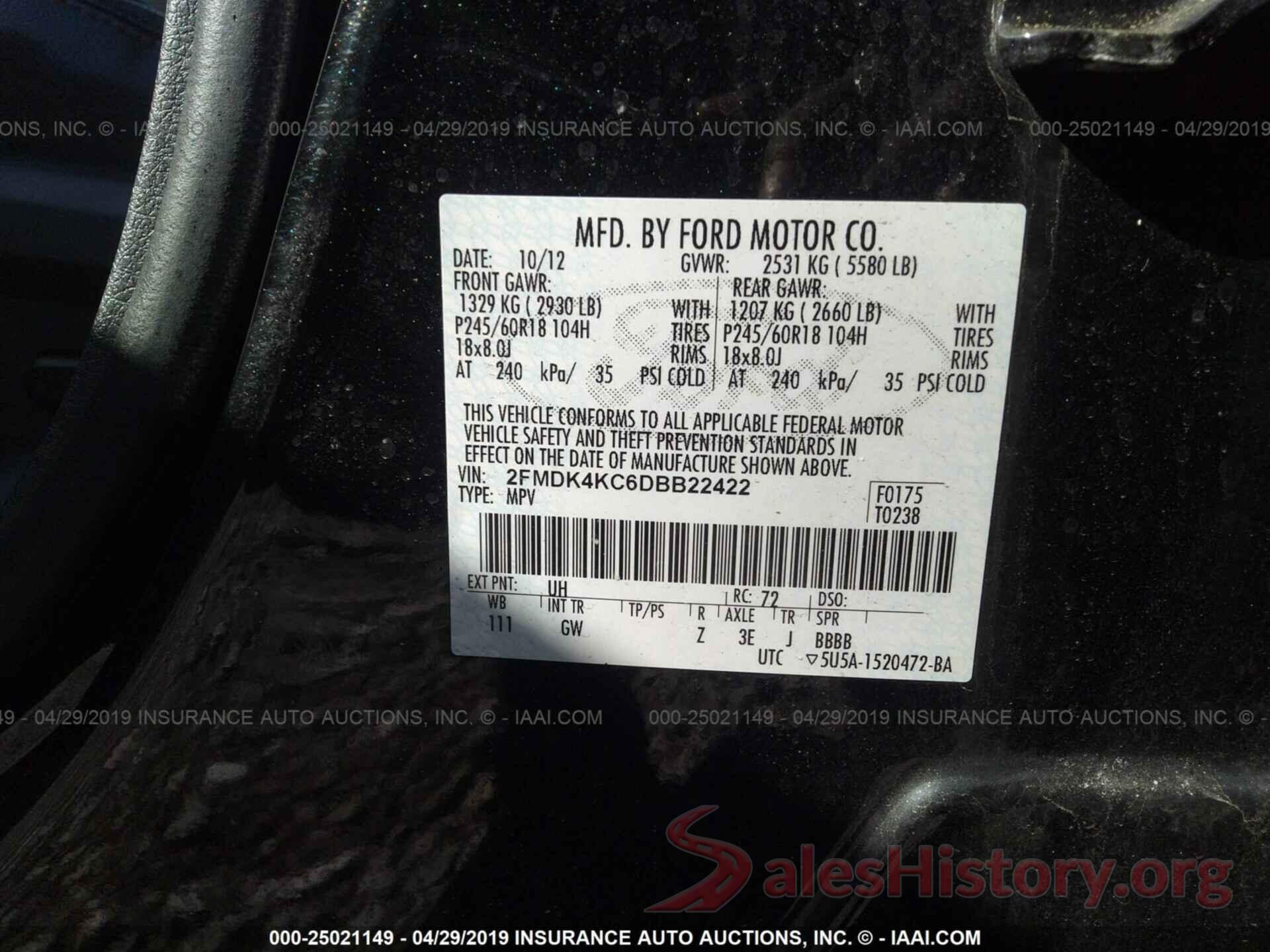 2FMDK4KC6DBB22422 2013 FORD EDGE