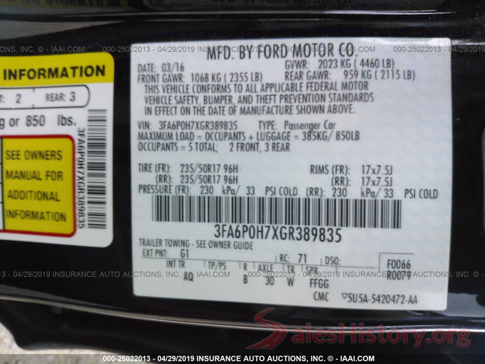 3FA6P0H7XGR389835 2016 FORD FUSION