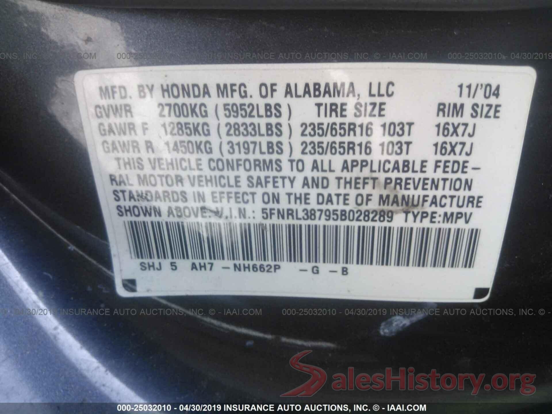 5FNRL38795B028289 2005 HONDA ODYSSEY