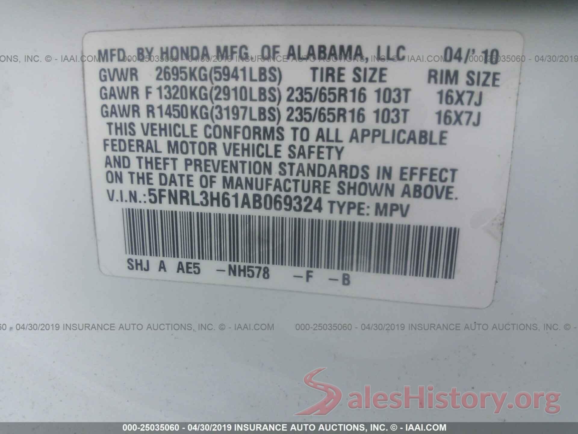 5FNRL3H61AB069324 2010 HONDA ODYSSEY