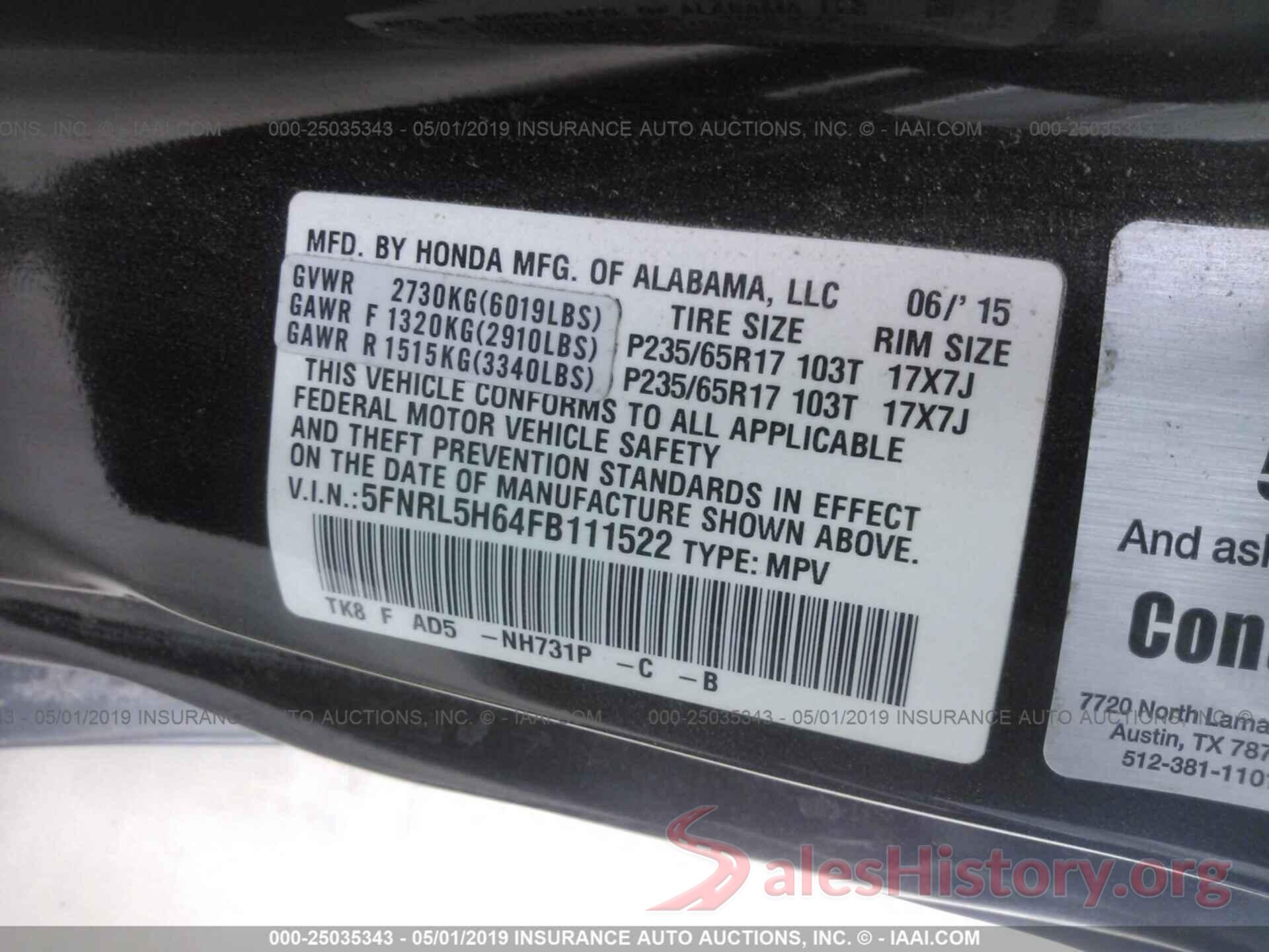 5FNRL5H64FB111522 2015 HONDA ODYSSEY