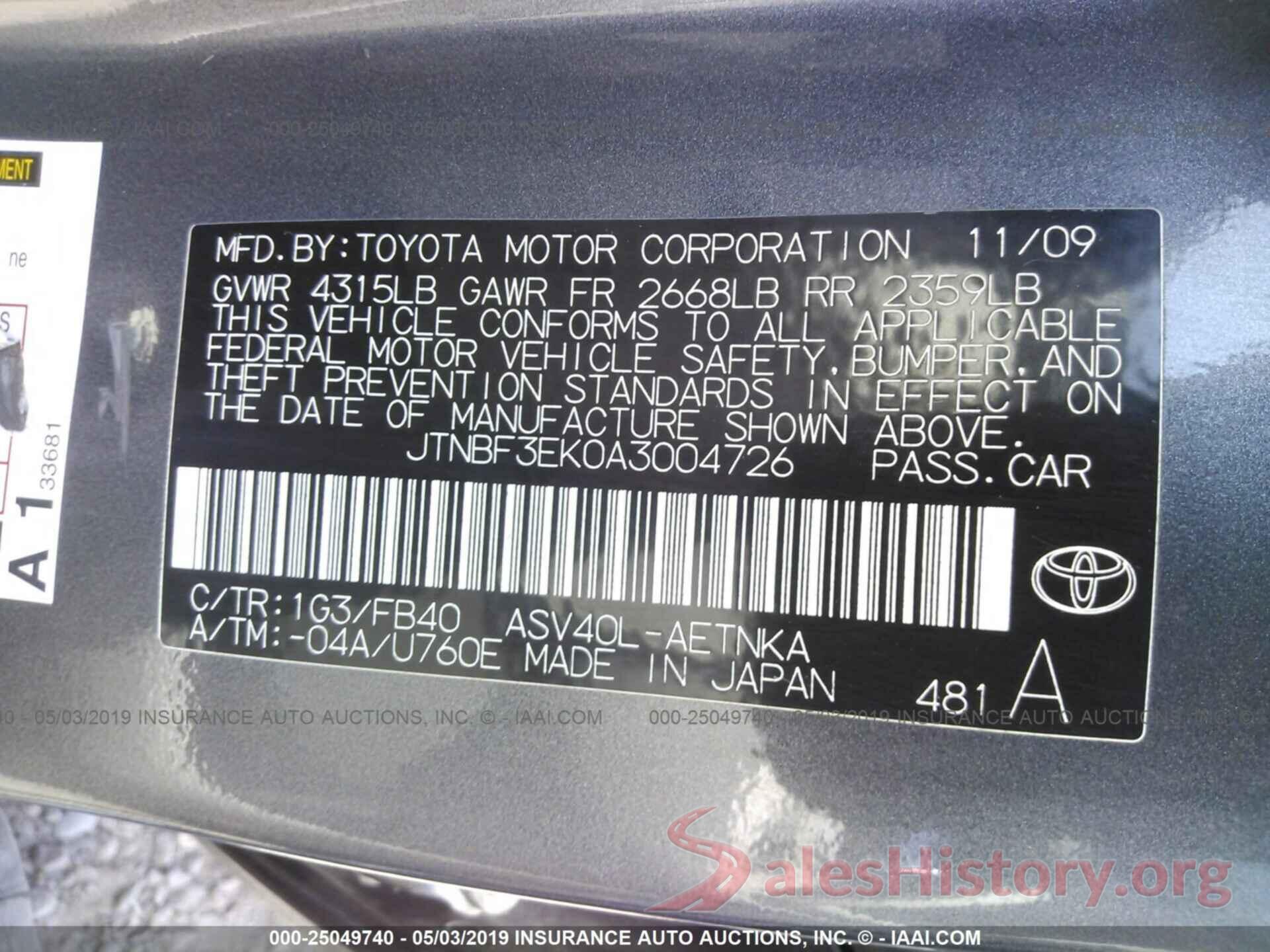 JTNBF3EK0A3004726 2010 TOYOTA CAMRY