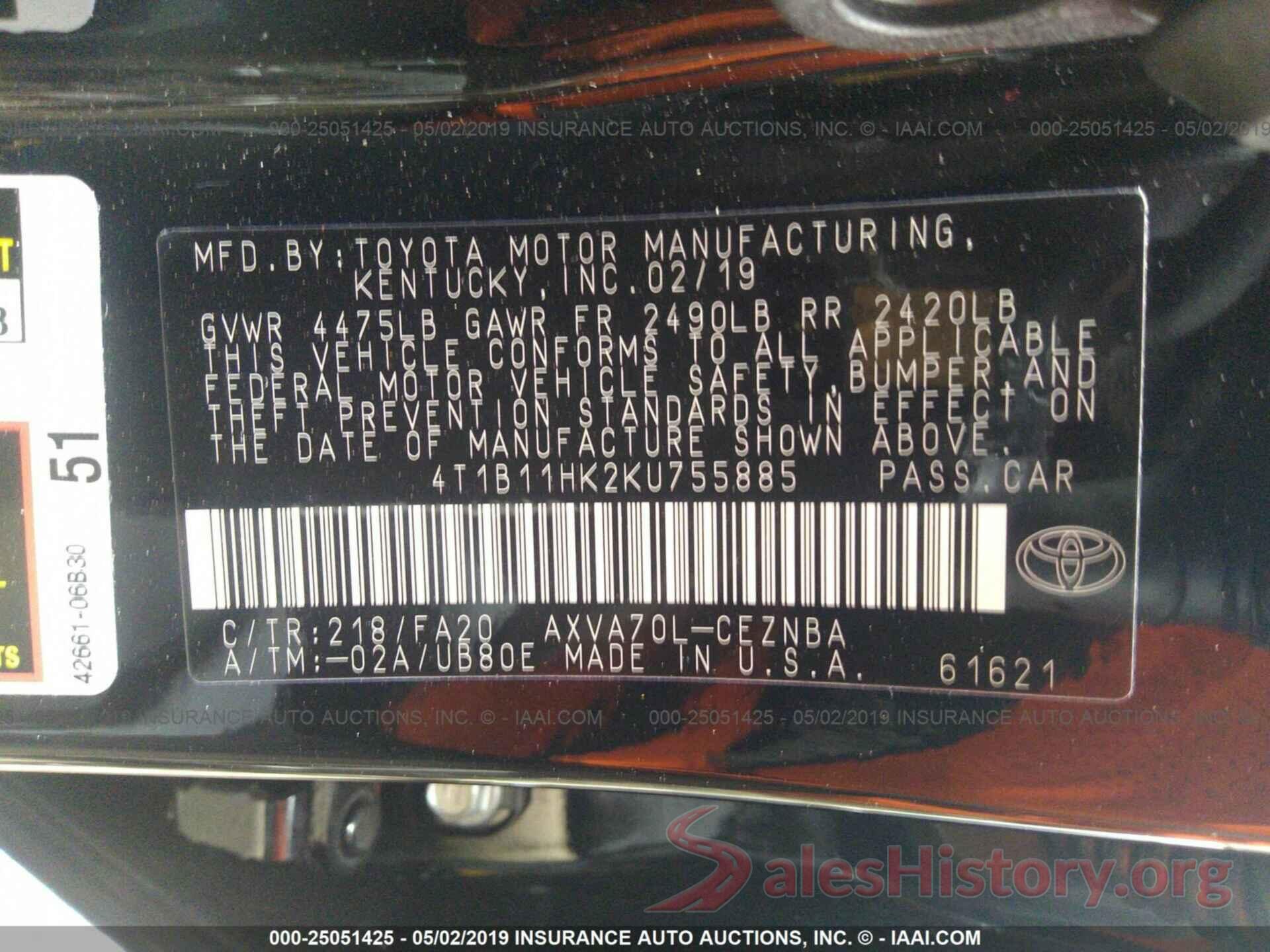 4T1B11HK2KU755885 2019 TOYOTA CAMRY