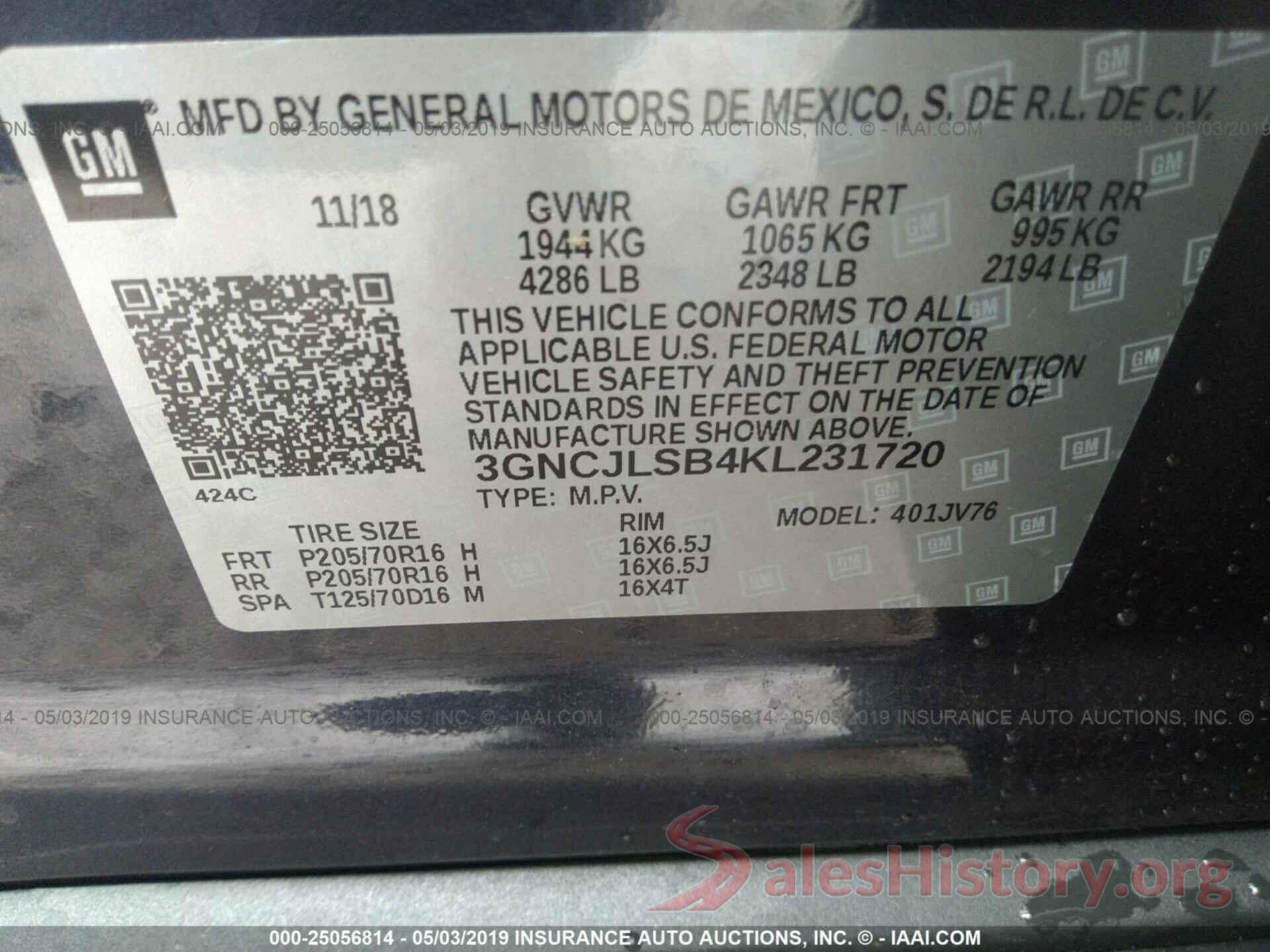 3GNCJLSB4KL231720 2019 CHEVROLET TRAX