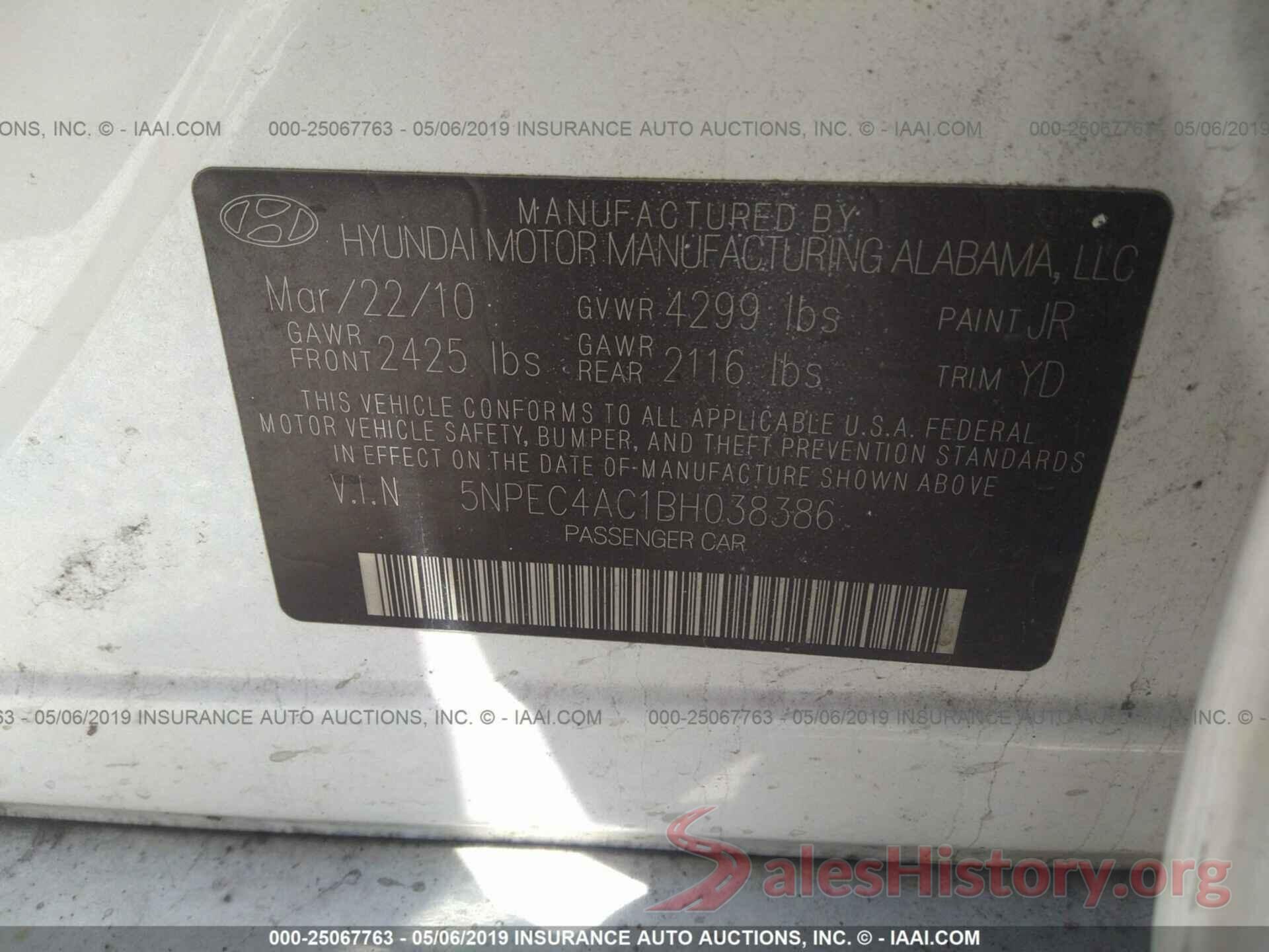 5NPEC4AC1BH038386 2011 HYUNDAI SONATA