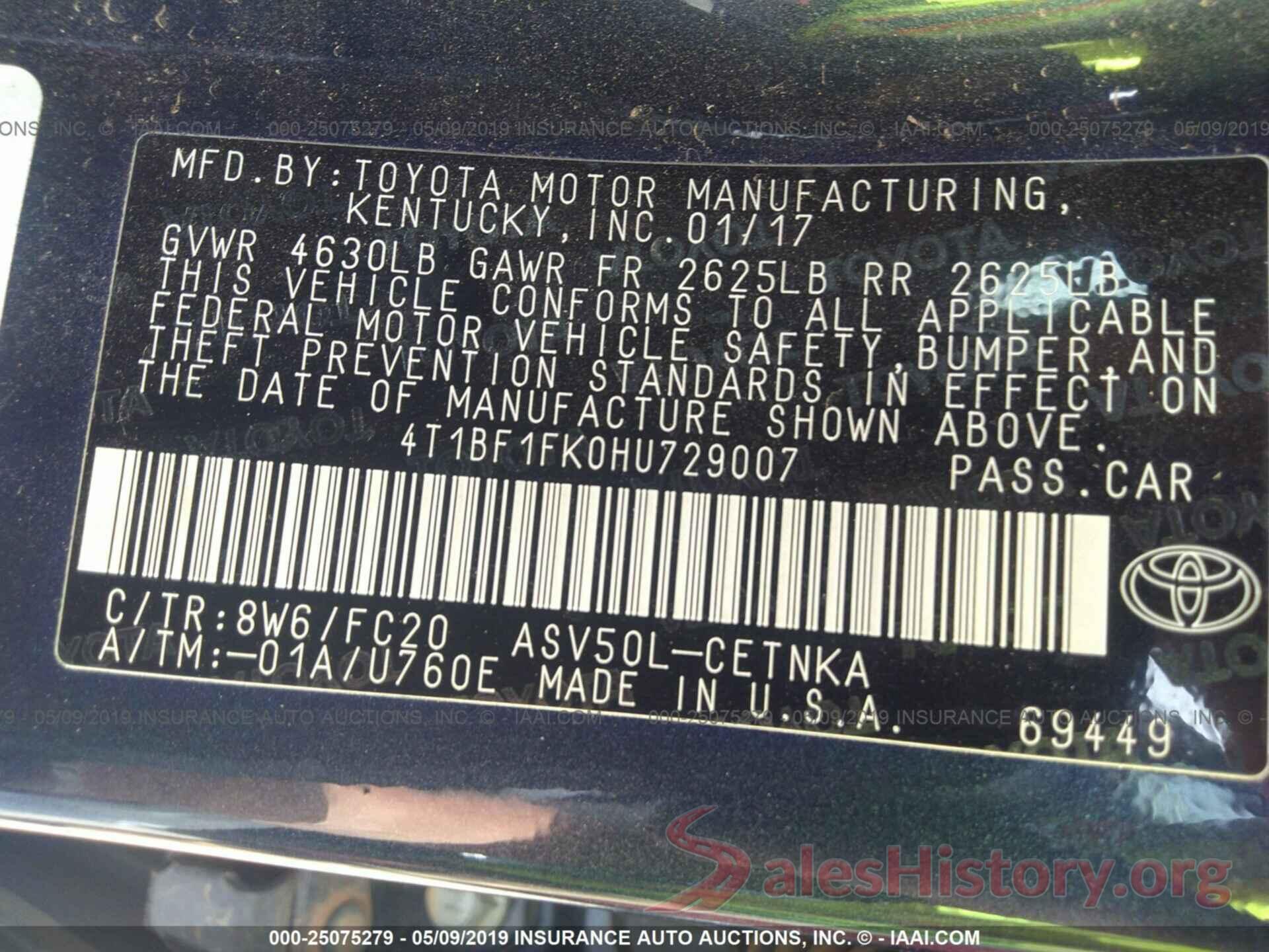 4T1BF1FK0HU729007 2017 TOYOTA CAMRY