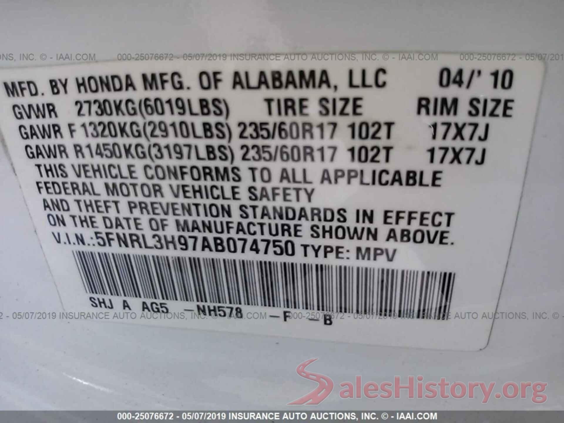 5FNRL3H97AB074750 2010 HONDA ODYSSEY