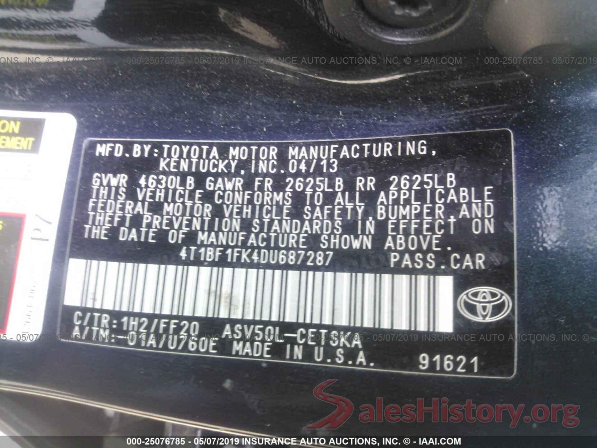 4T1BF1FK4DU687287 2013 TOYOTA CAMRY