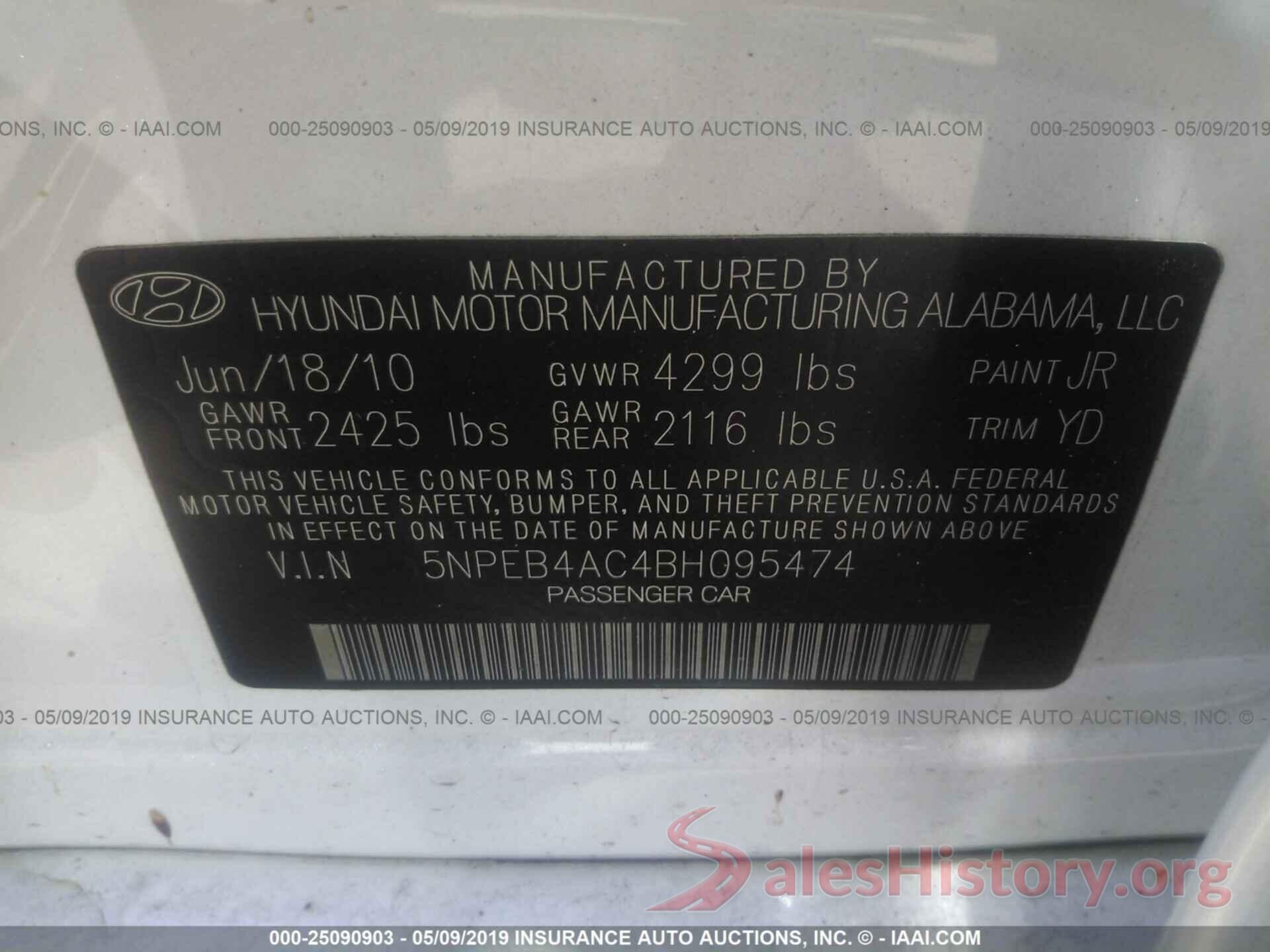 5NPEB4AC4BH095474 2011 HYUNDAI SONATA