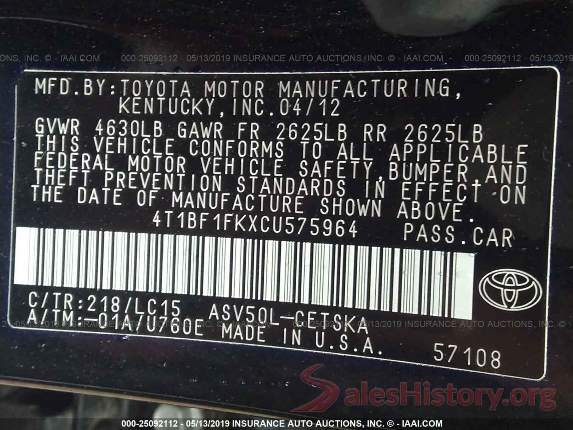 4T1BF1FKXCU575964 2012 TOYOTA CAMRY