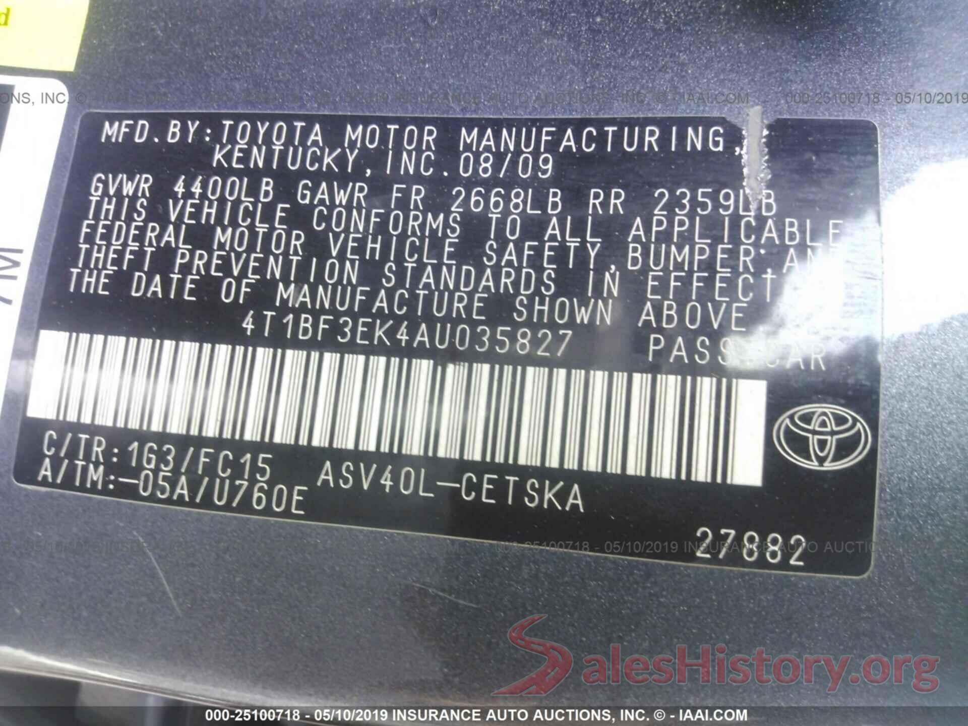 4T1BF3EK4AU035827 2010 TOYOTA CAMRY