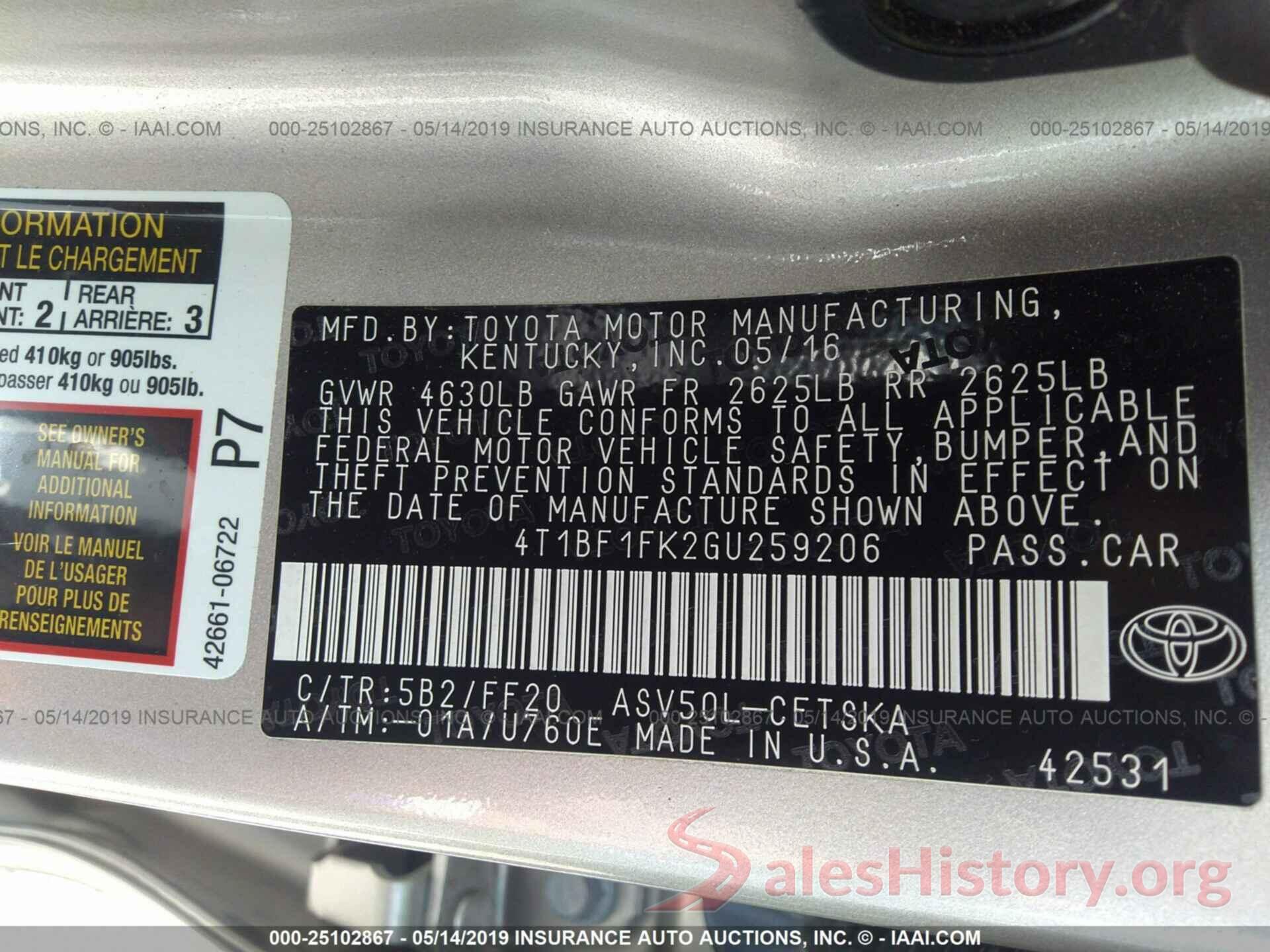 4T1BF1FK2GU259206 2016 TOYOTA CAMRY