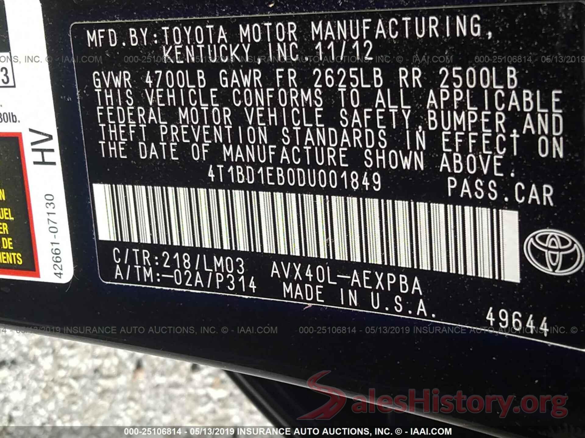 4T1BD1EB0DU001849 2013 TOYOTA AVALON