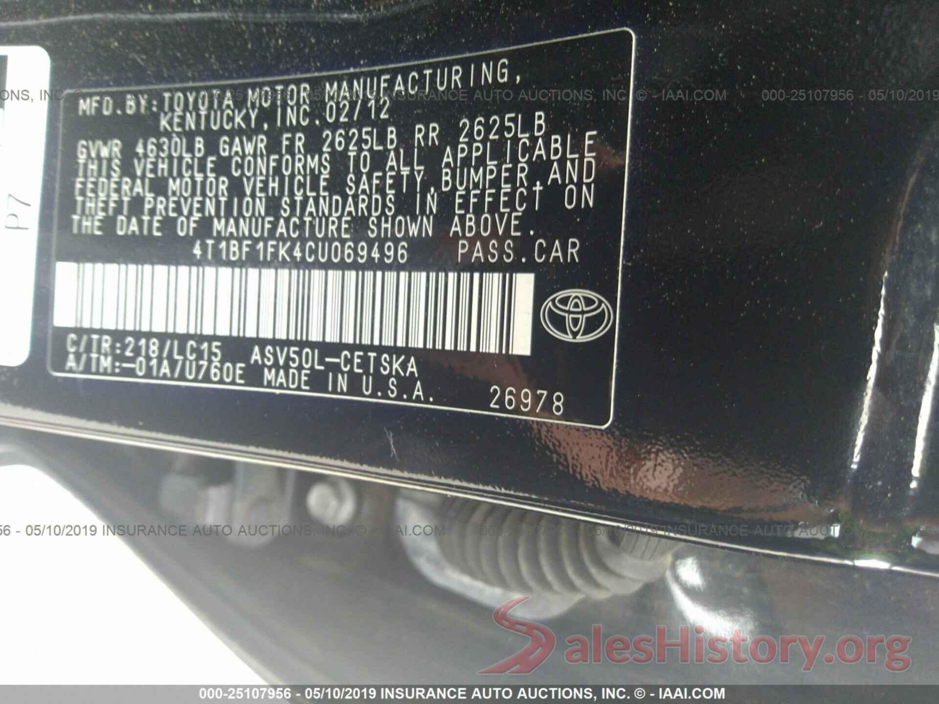 4T1BF1FK4CU069496 2012 TOYOTA CAMRY